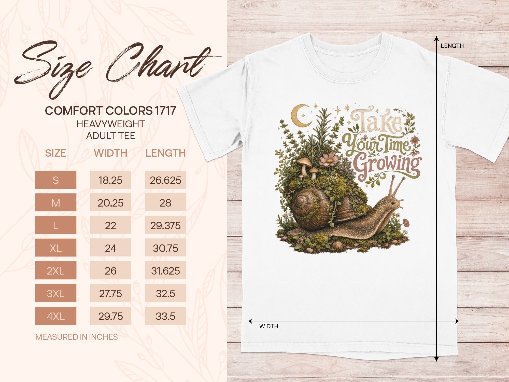 Adult tee size chart with dimensions in inches for Comfort Colors 1717.