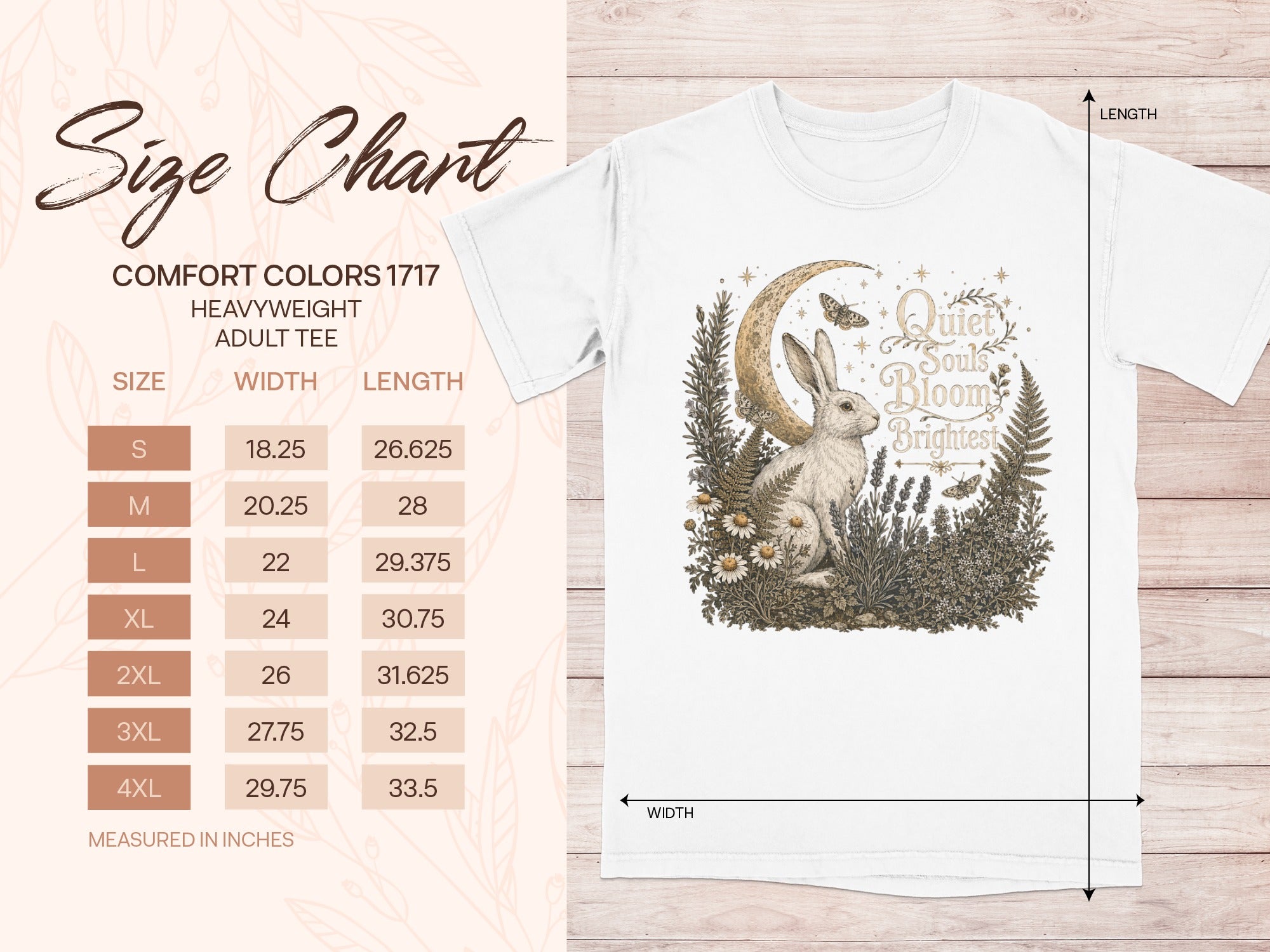 Comfort Colors 1717 size chart with rabbit and moon graphic on white t-shirt.