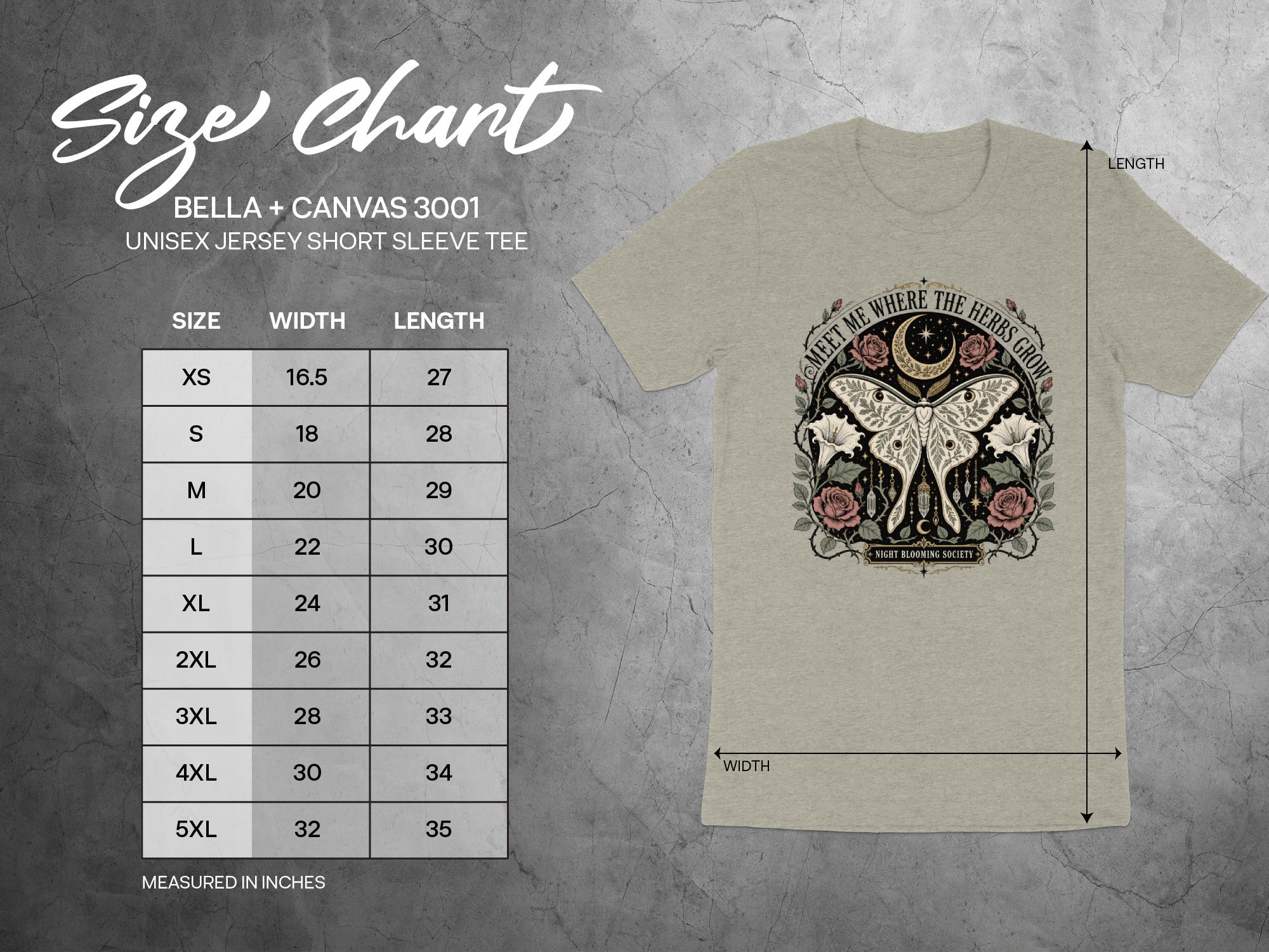Size chart for Bella+Canvas 3001 unisex short sleeve tee with measurements.