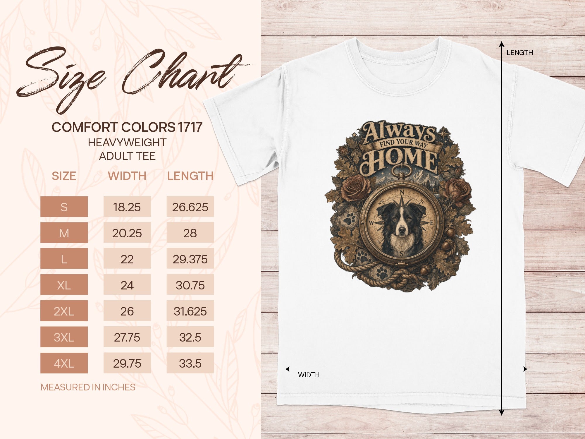 Comfort Colors 1717 tee size chart with dog, compass, and "Always Find Your Way Home" print.