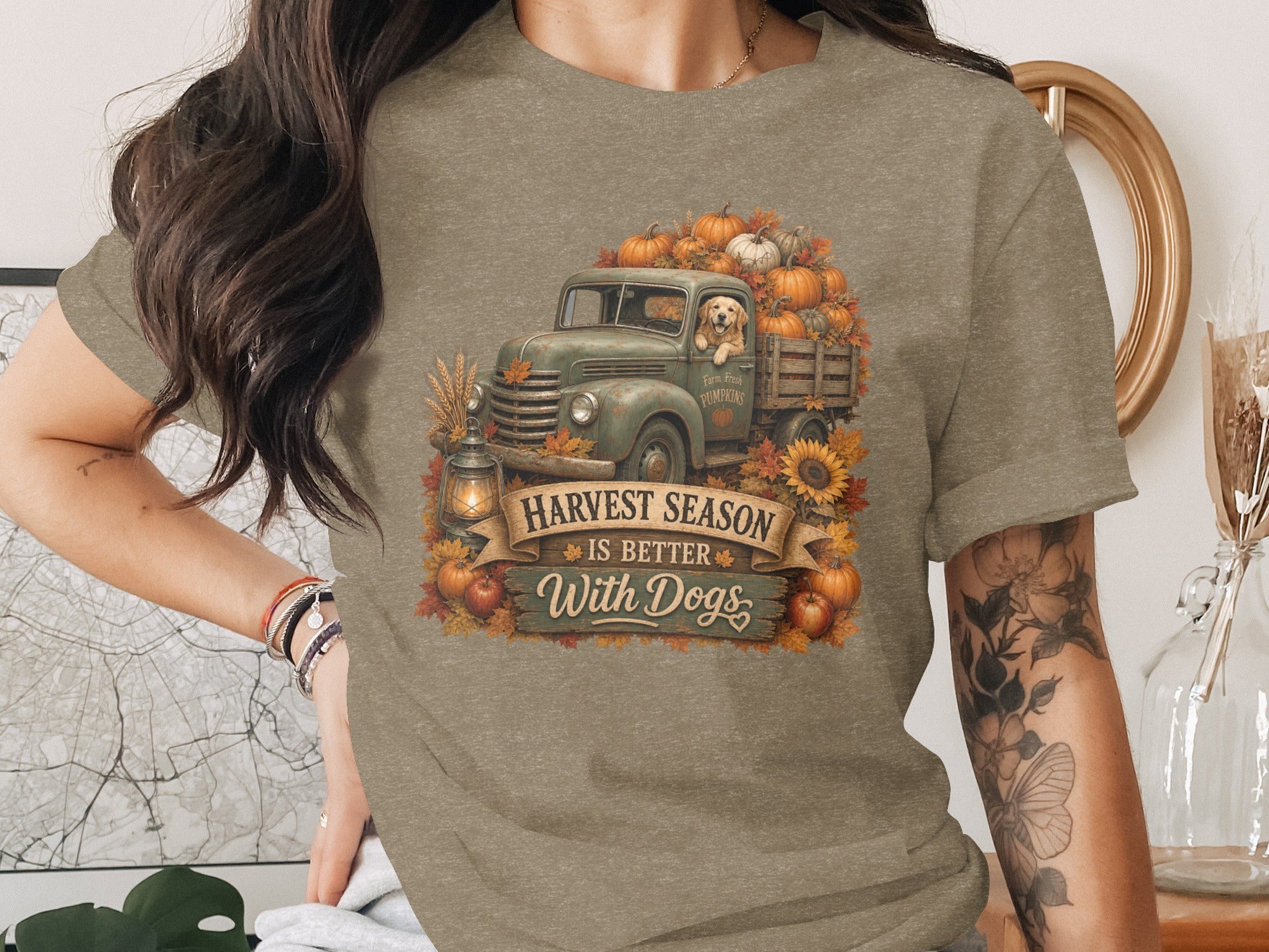 Green truck filled with pumpkins and a dog, text "Harvest Season Is Better With Dogs".