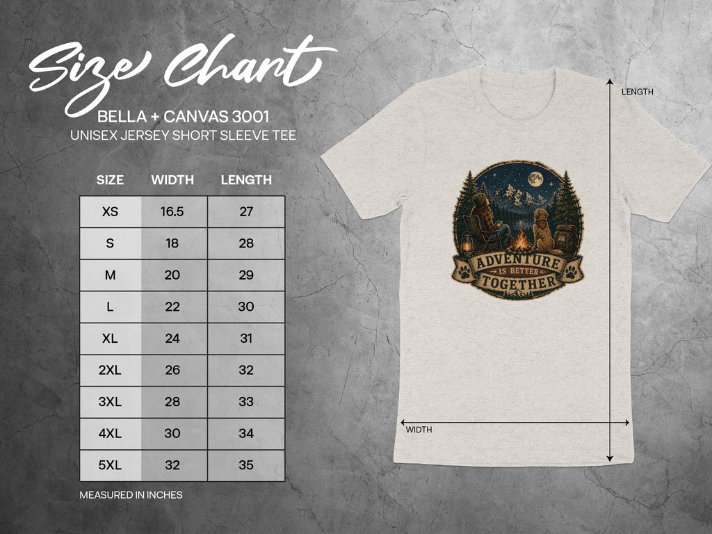 Bella + Canvas 3001 unisex tee size chart with width and length in inches.