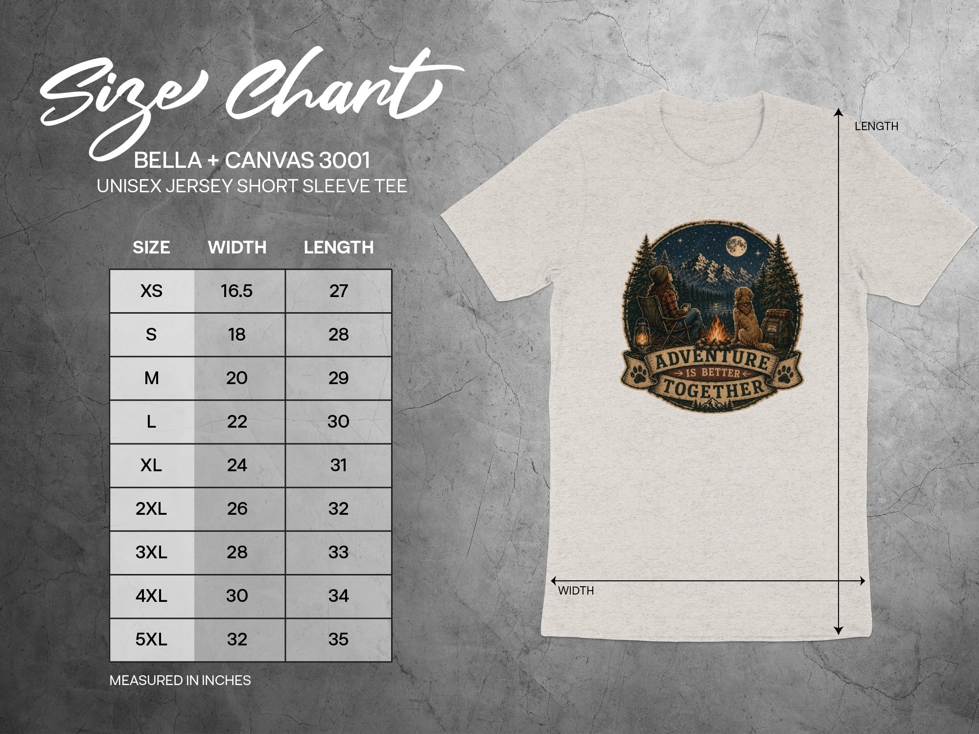 Bella + Canvas 3001 unisex tee size chart with width and length in inches.