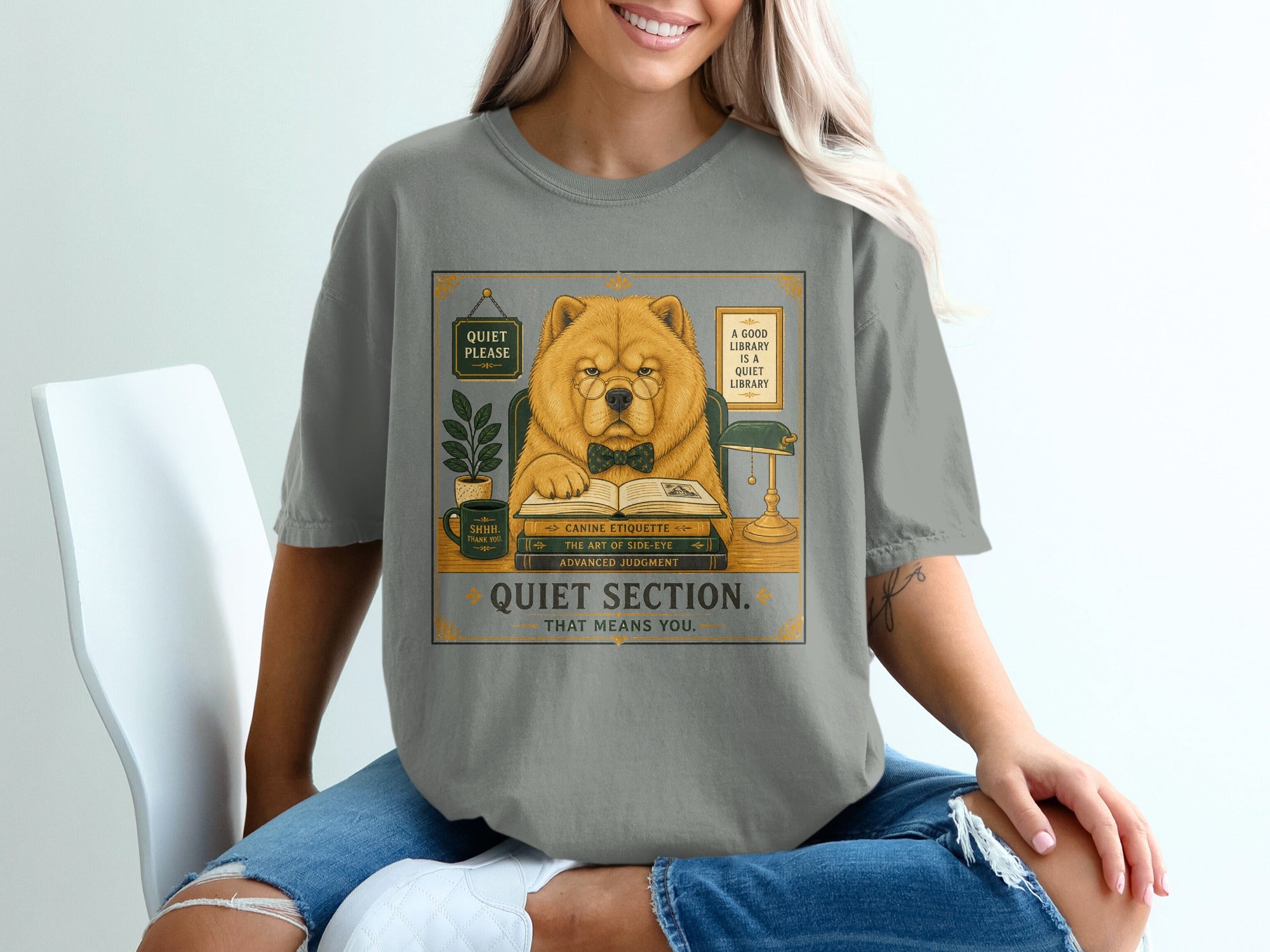Chow Chow reading books in a library setting with "Quiet Section" text.