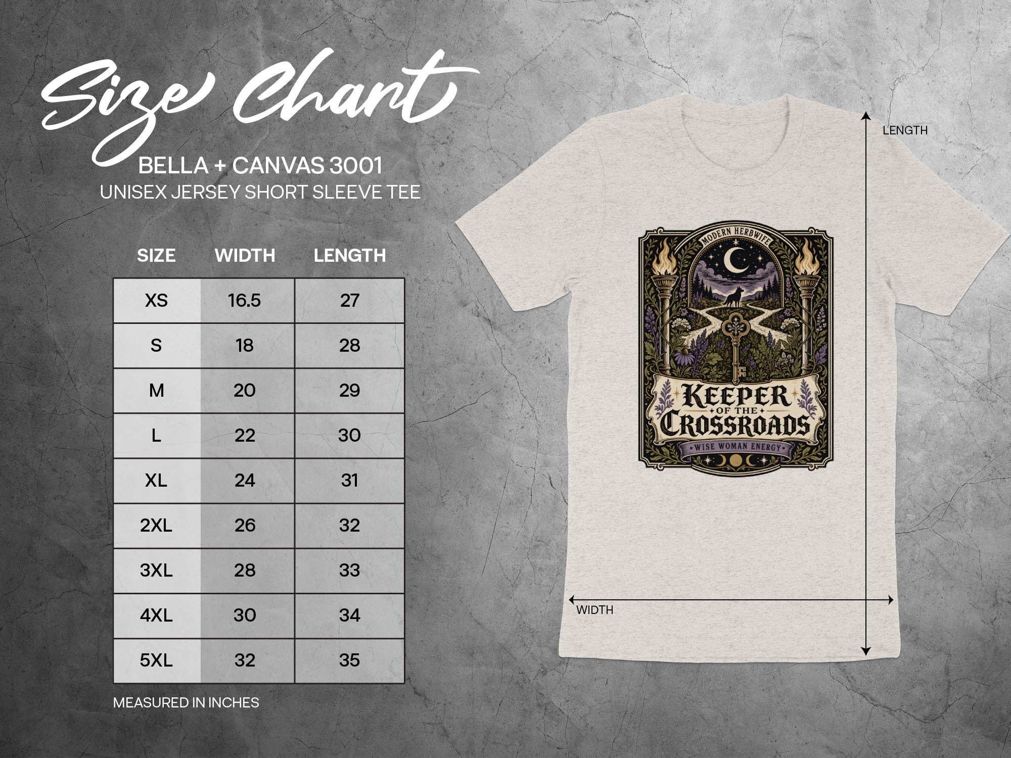 Size chart for Bella + Canvas 3001 unisex jersey short sleeve tee.