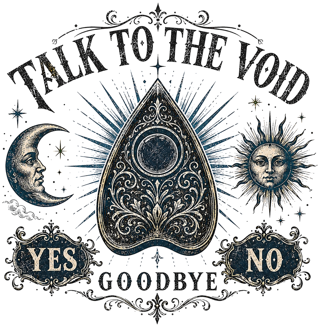 Ouija board with sun, moon and "Talk to the Void" text.