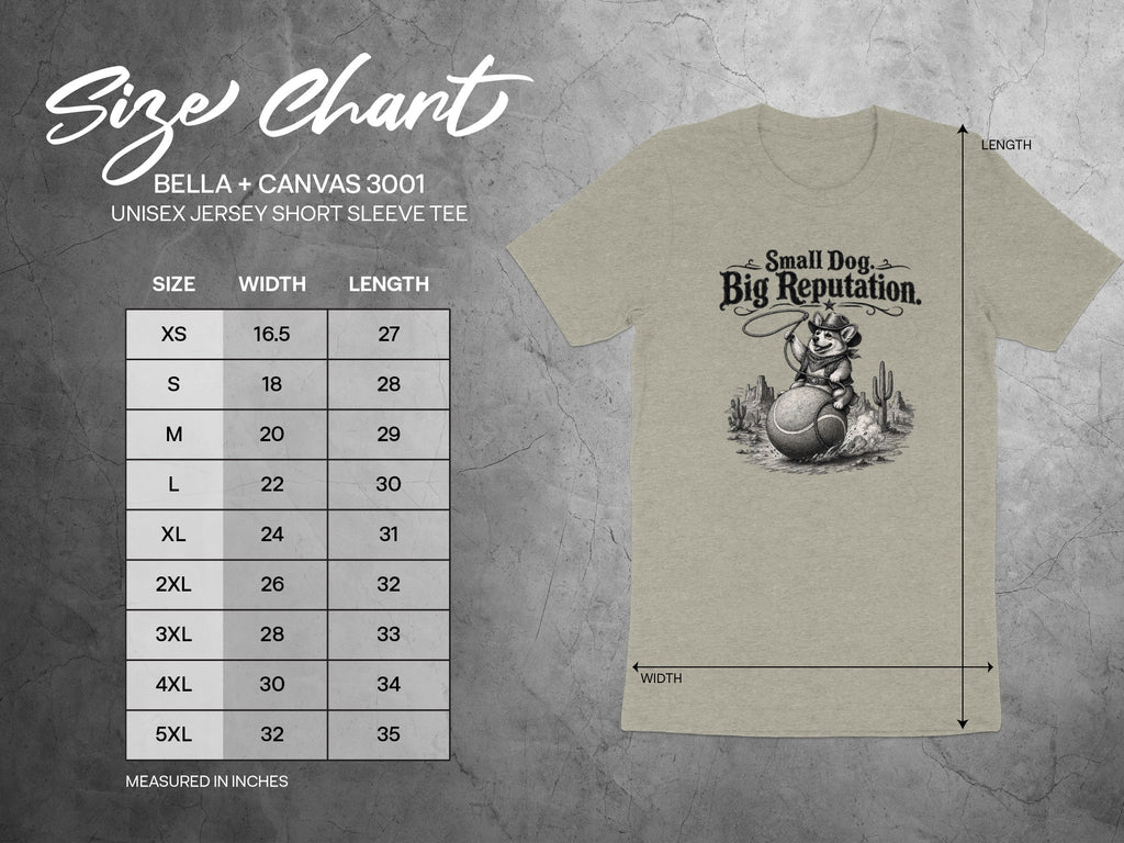 Size chart for Bella + Canvas 3001 unisex jersey tee with dog graphic.