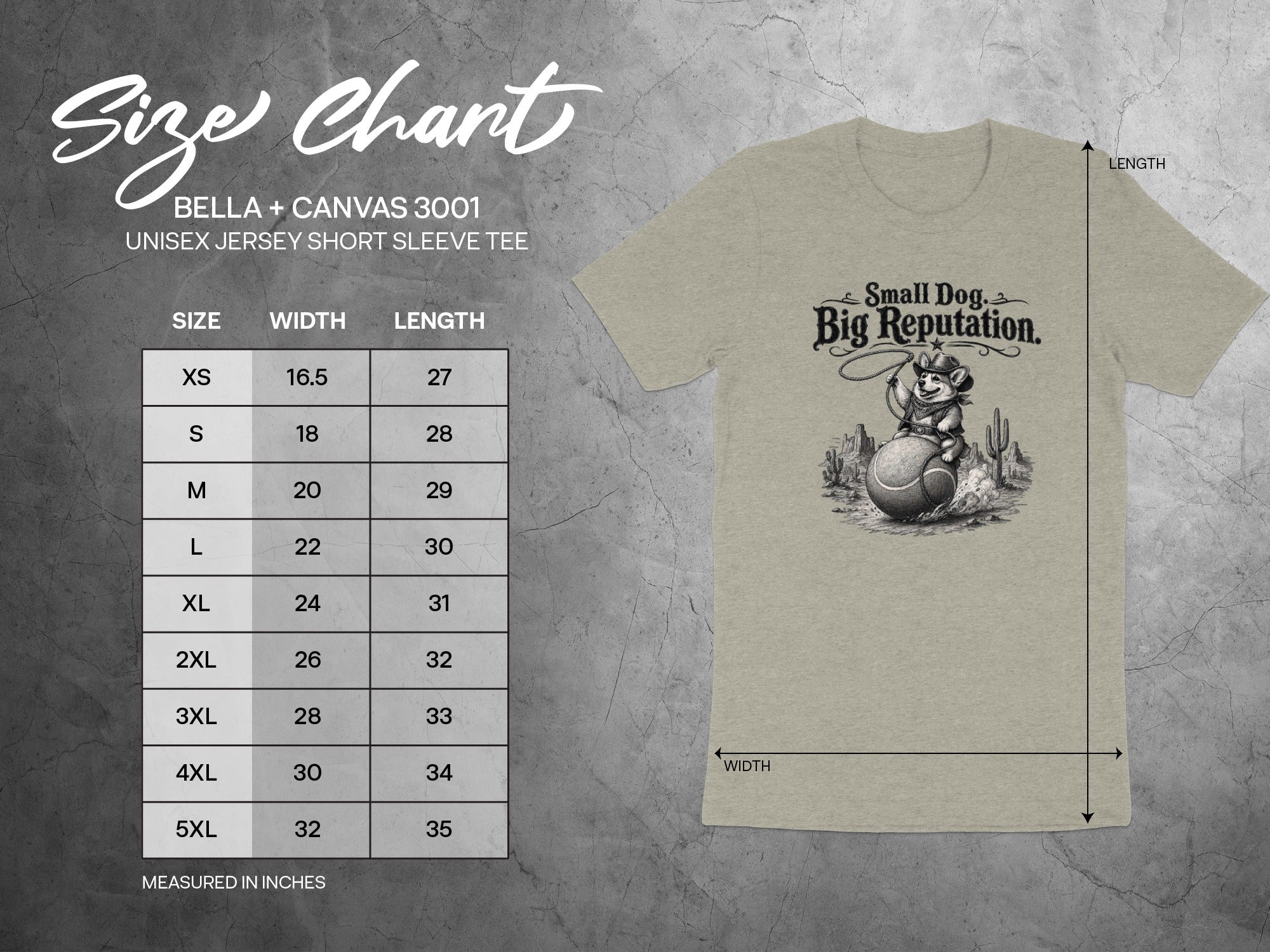 Size chart for Bella + Canvas 3001 unisex jersey tee with dog graphic.