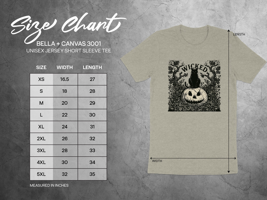 Size chart for Bella + Canvas 3001 unisex tee including width and length measurements.