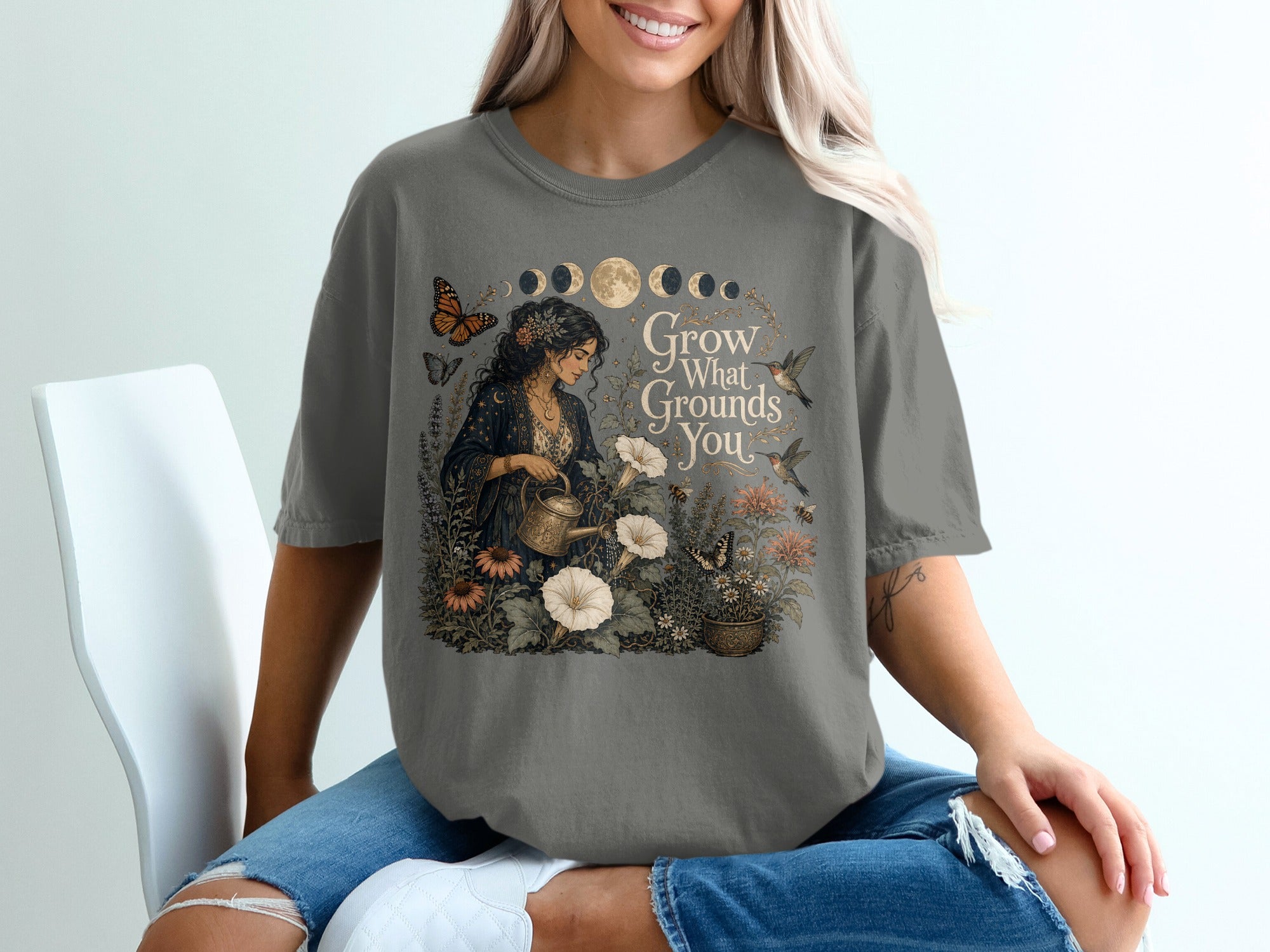 Grow What Grounds You T-Shirt, Spiritual Garden Celestial Tee, Moon Phases Nature Lover Shirt, Bohemian Witchy Woman Gift, Plant Mom Apparel