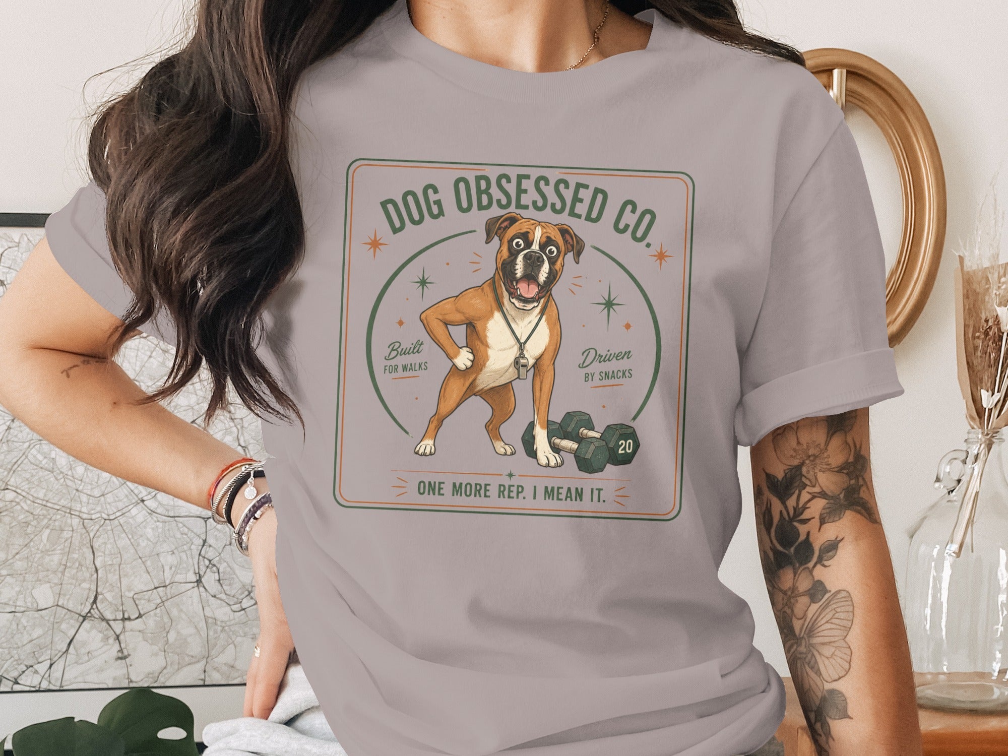 Boxer dog graphic with text "DOG OBSESSED CO." and "ONE MORE REP. I MEAN IT."