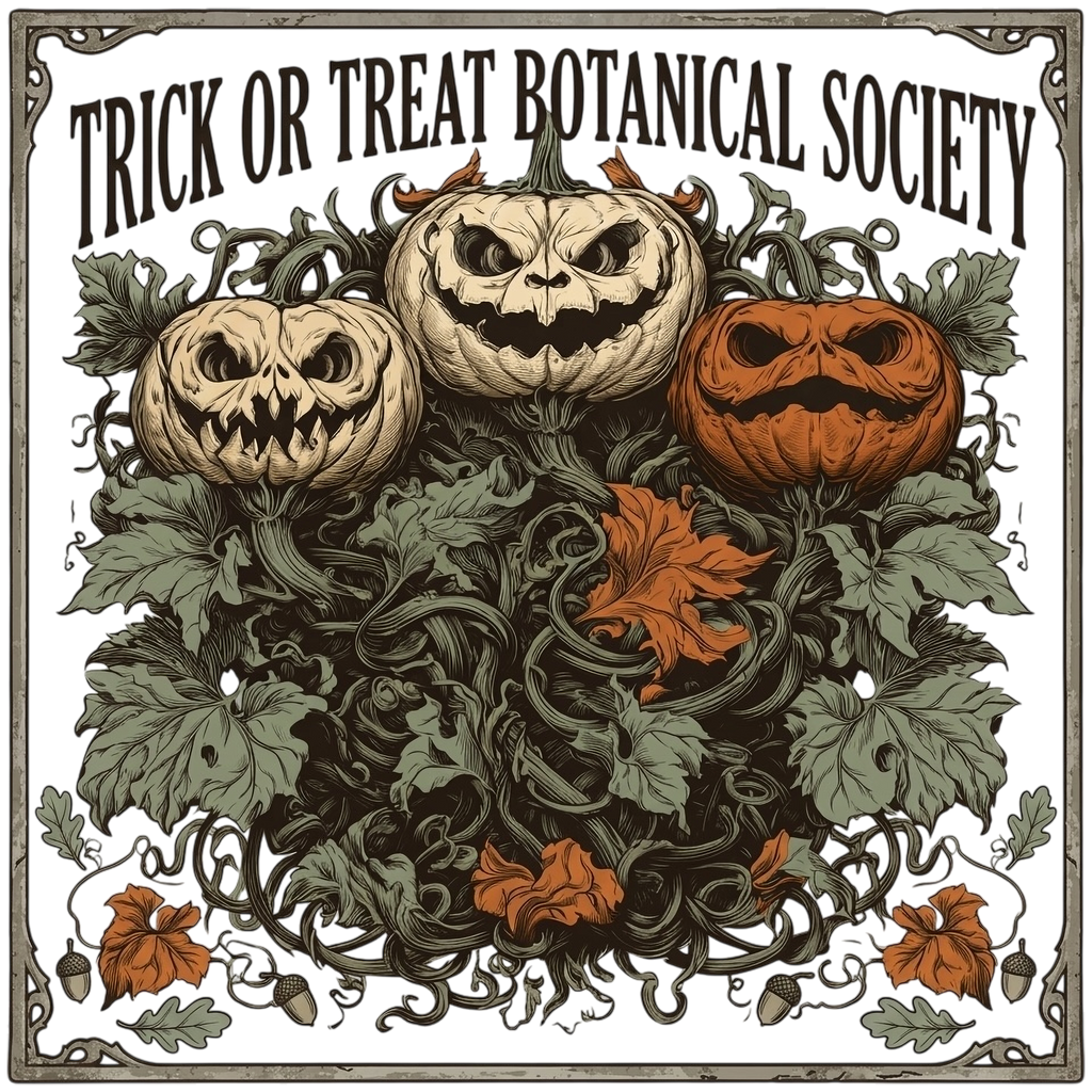 Three jack-o'-lanterns with menacing faces surrounded by vines, leaves, and acorns.