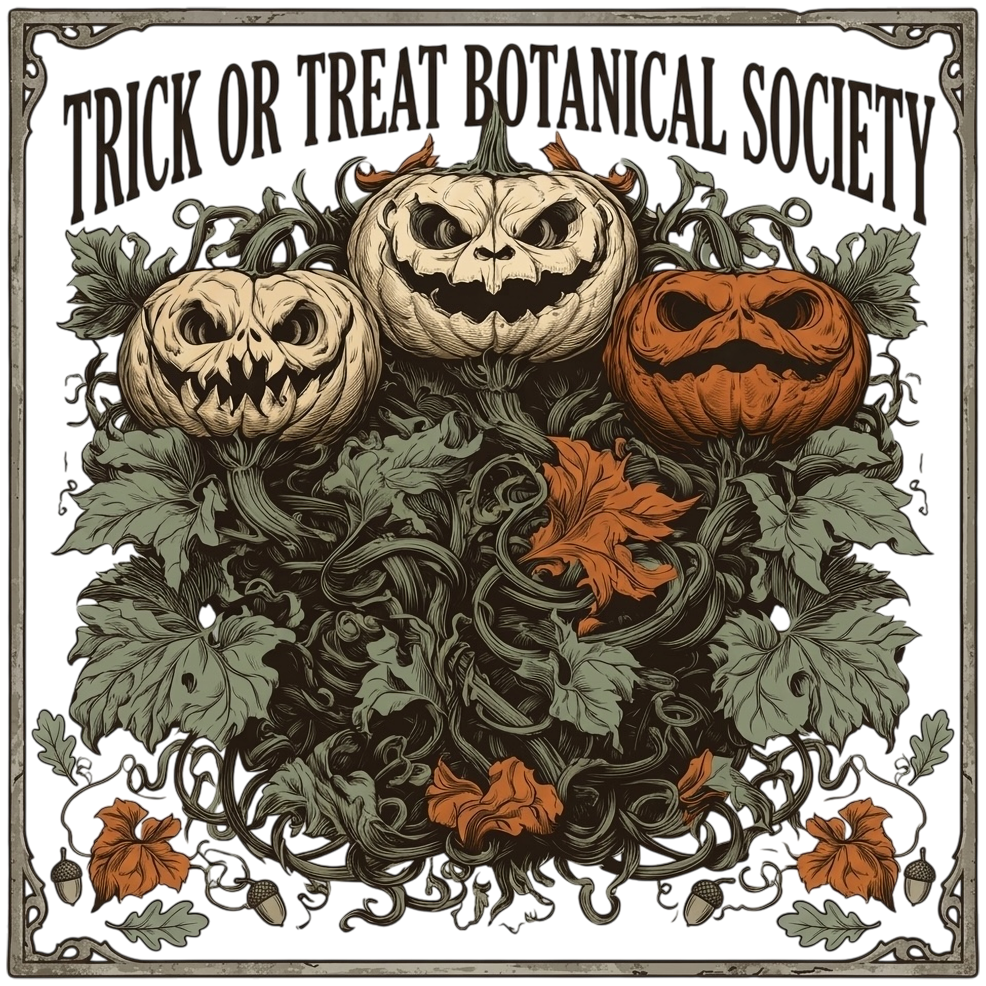 Three jack-o'-lanterns with menacing faces surrounded by vines, leaves, and acorns.