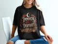 Black t-shirt with "Immortal Not Desperate" text, mystic cat, moon, and tarot cards.