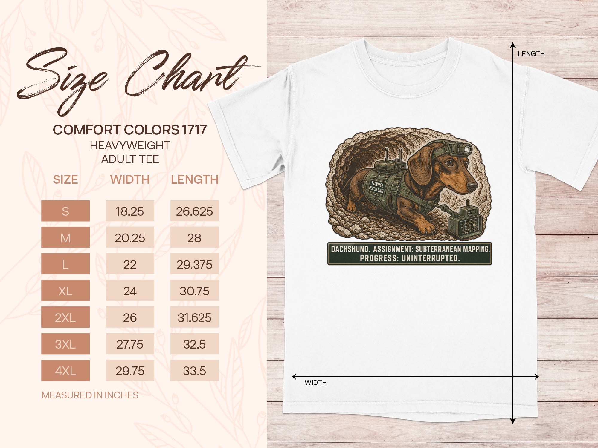 White t-shirt with dachshund in tunnel graphic, "DACHSHUND. ASSIGNMENT: SUBTERRANEAN MAPPING." text and size chart.