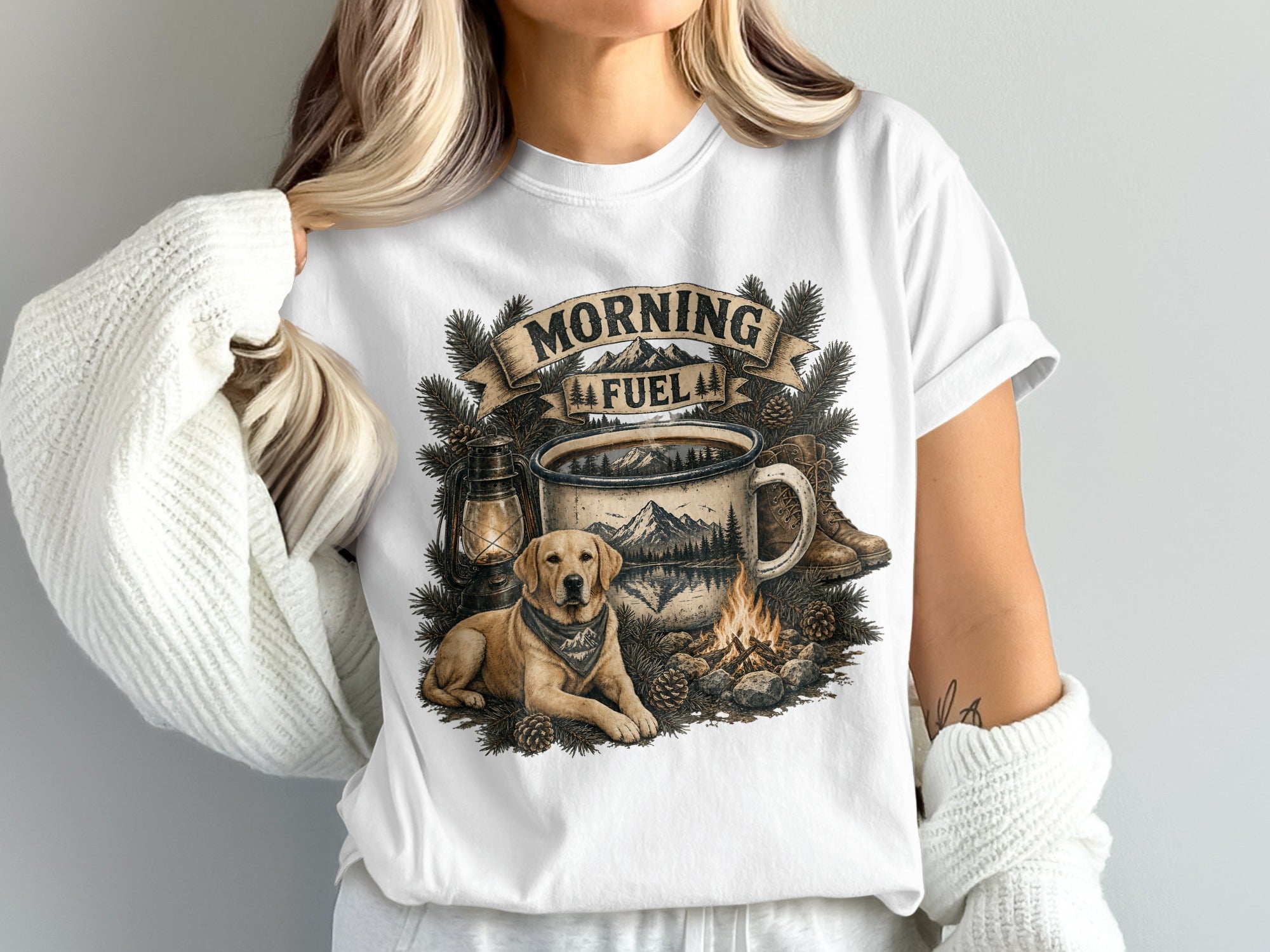 Graphic with dog, campfire, mug, lantern, boots, and "Morning Fuel" text.