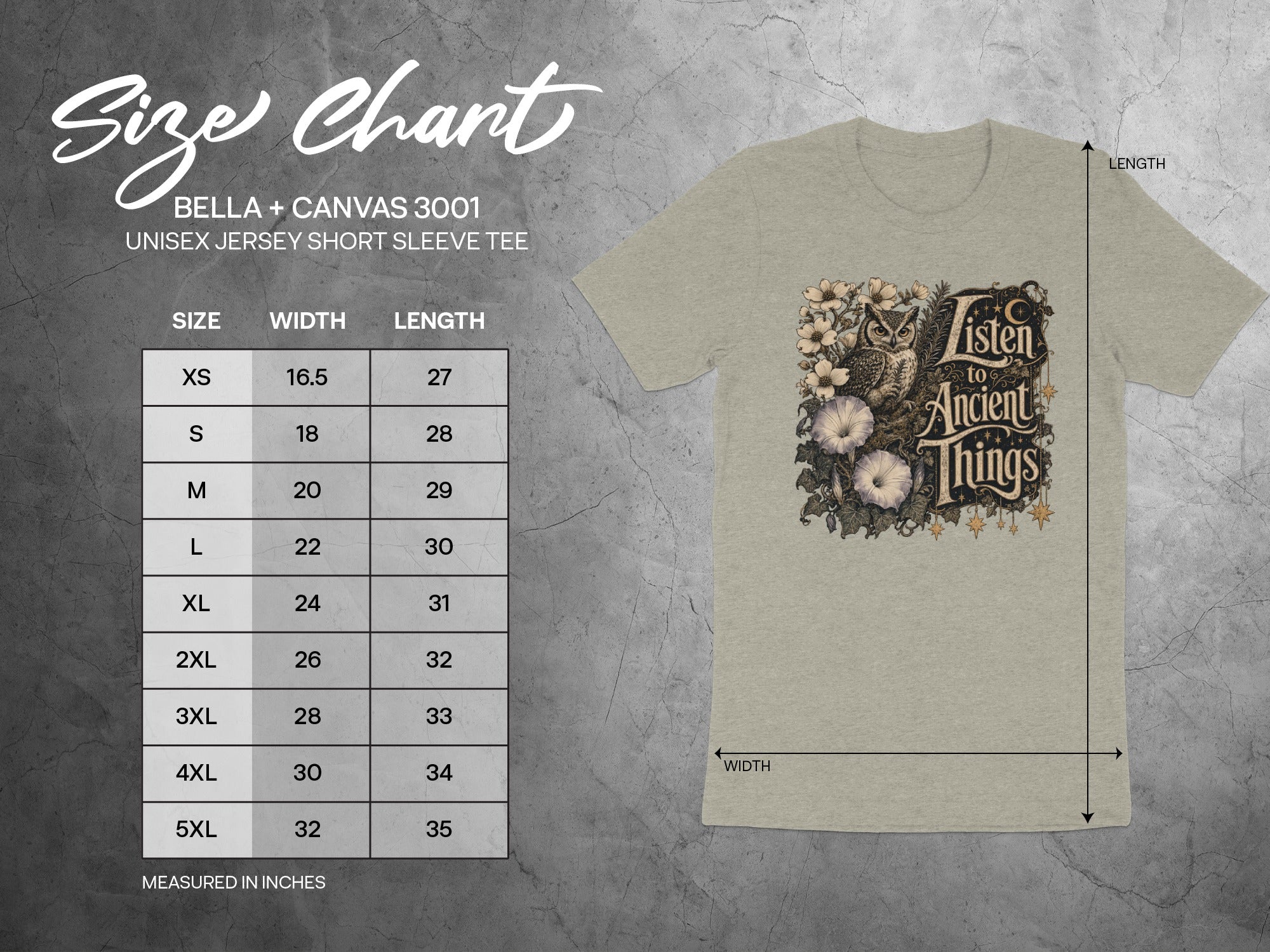 BELLA+CANVAS 3001 size chart for jersey short sleeve tee.