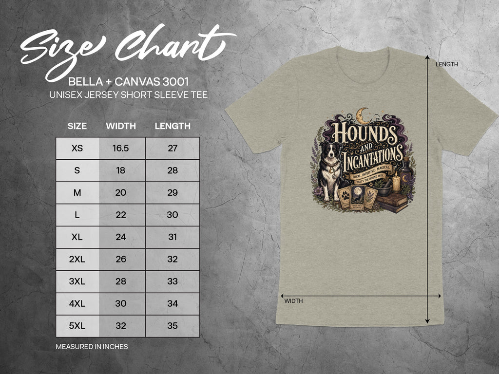 Size chart with BELLA + CANVAS 3001 unisex tee sizes XS-5XL, width, and length measurements.