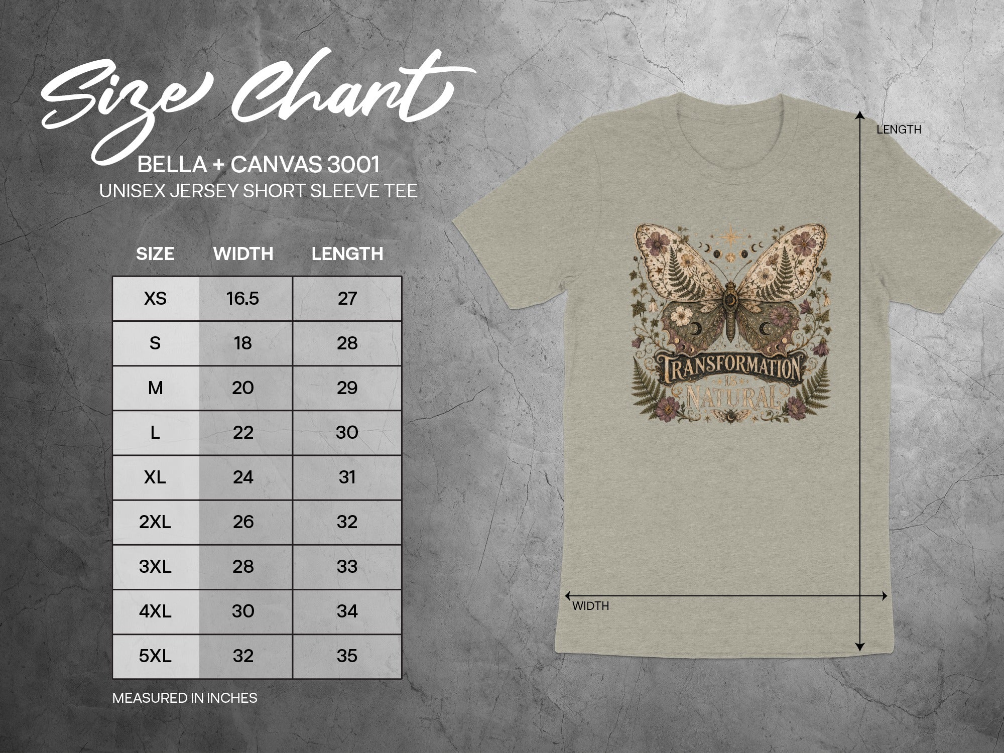 Bella + Canvas 3001 unisex tee size chart with detailed measurements.