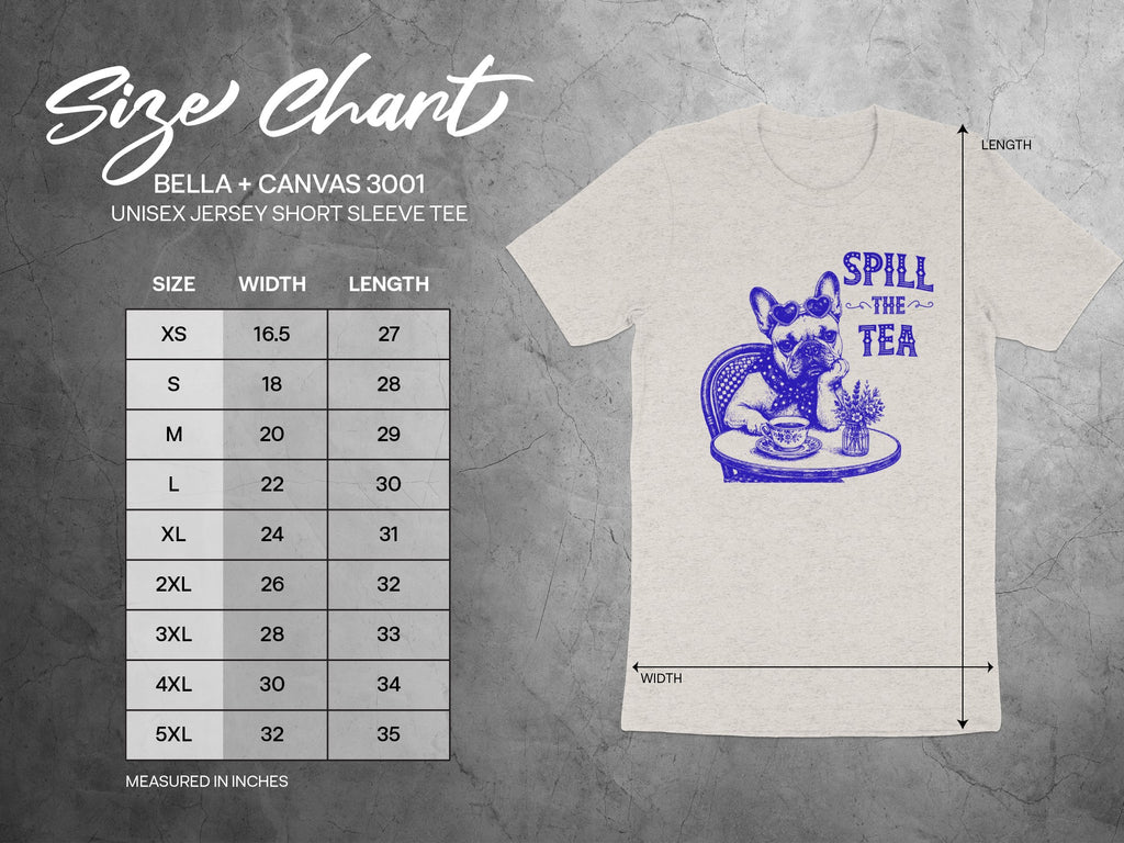 Size chart for Bella + Canvas 3001 unisex t-shirt with French bulldog graphic.