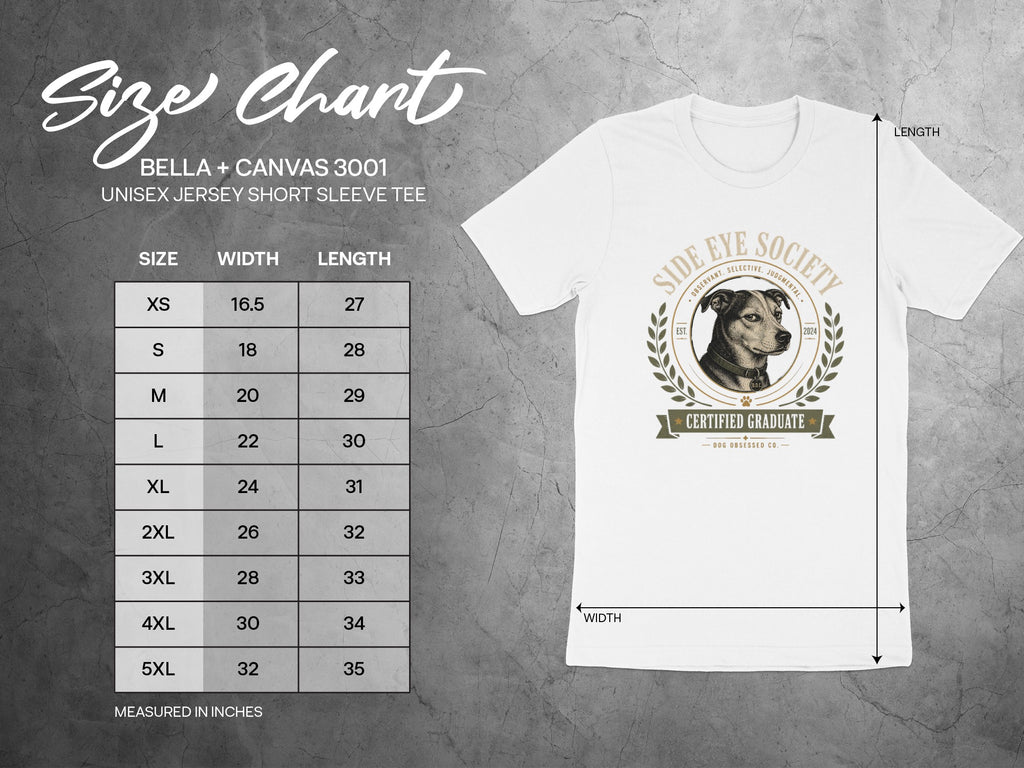 Size chart for BELLA + CANVAS 3001 unisex jersey short sleeve tee.