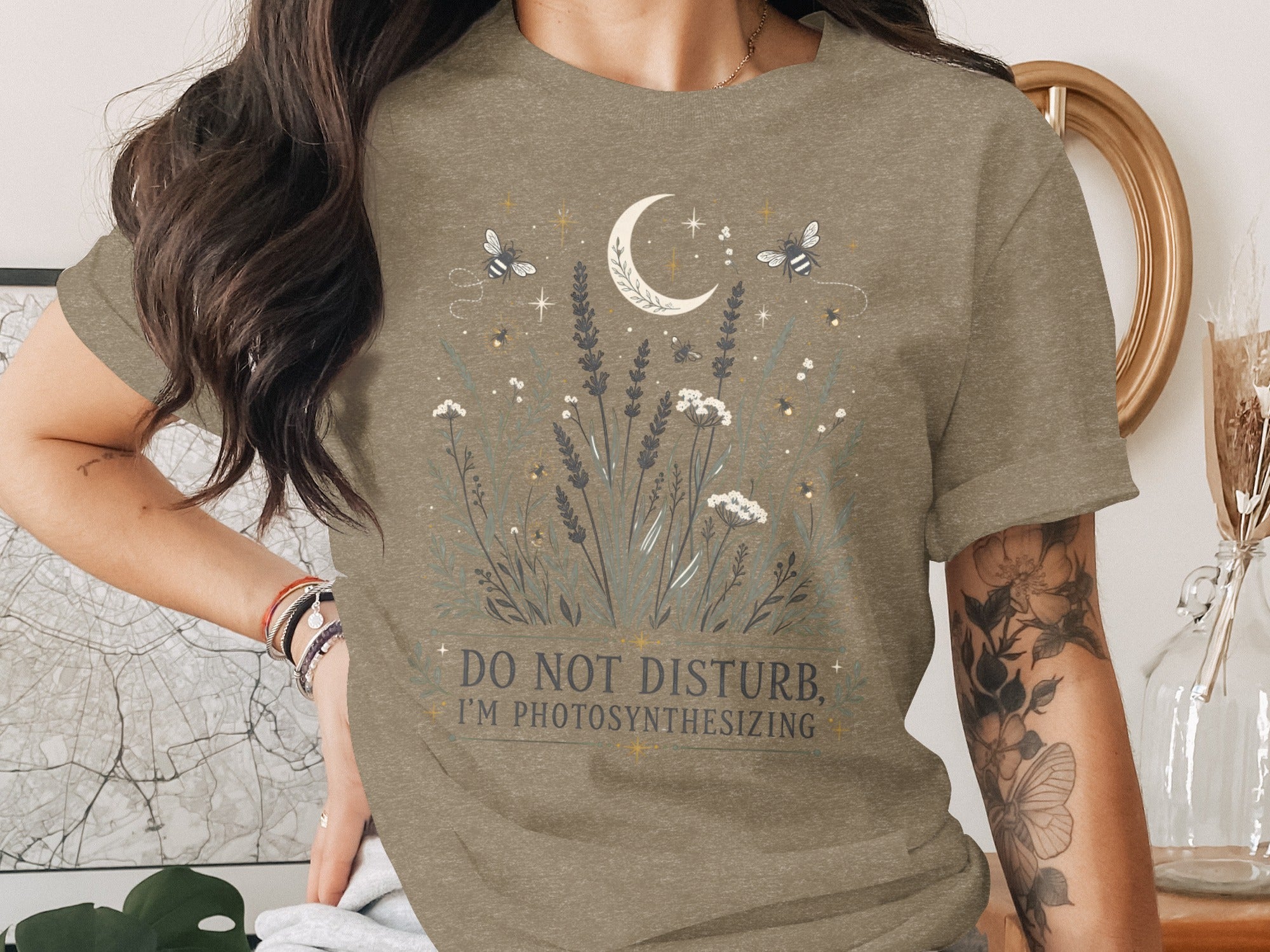 T-shirt with crescent moon, bees, celestial details, and "Do Not Disturb, I'm Photosynthesizing" text.