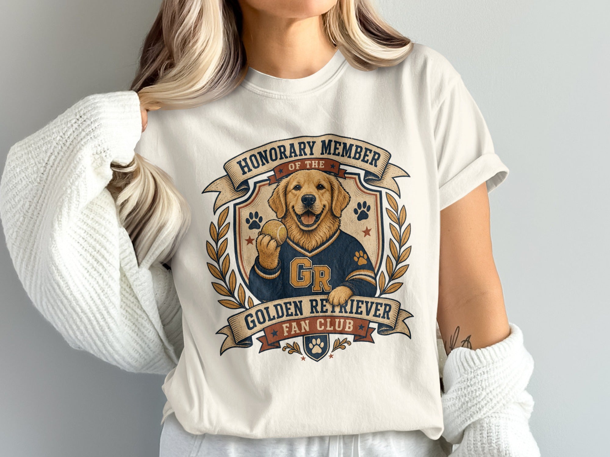 Golden Retriever honorary member t-shirt with GR and dog holding tennis ball.