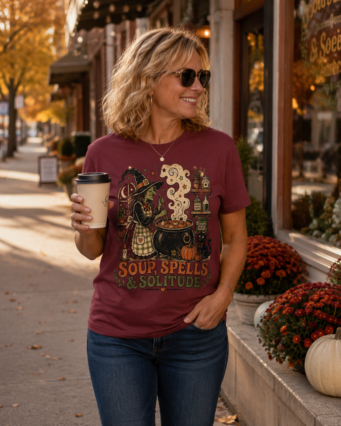Soup Spells & Solitude Vintage Witch T-Shirt - Cozy Halloween Introvert Tee