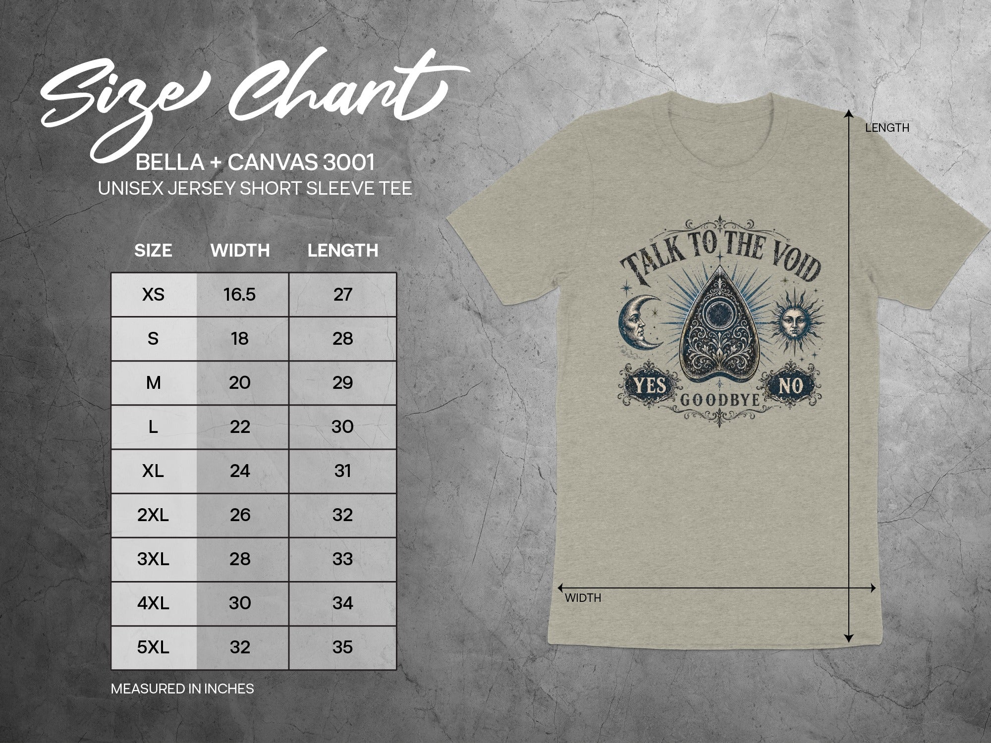 Bella + Canvas 3001 unisex tee size chart with width and length measurements in inches.