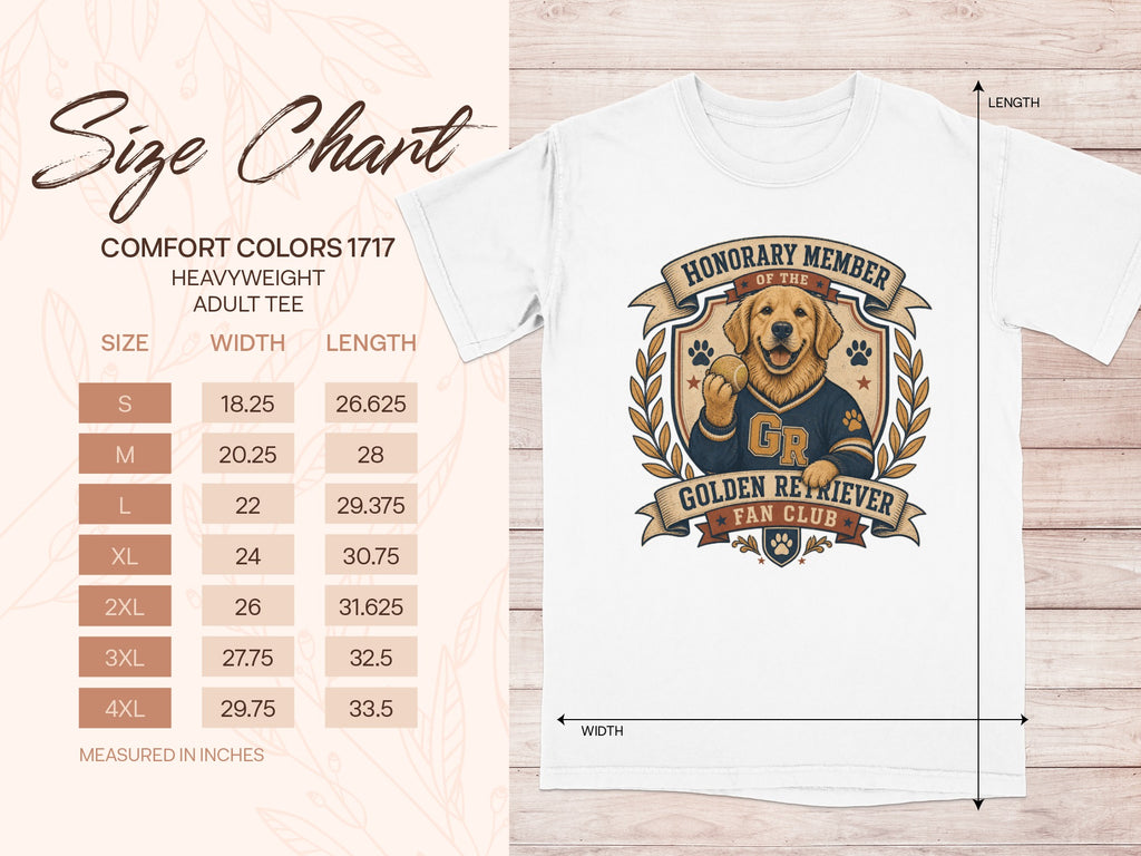 Size chart for Comfort Colors 1717 heavyweight adult tee with Golden Retriever graphic.