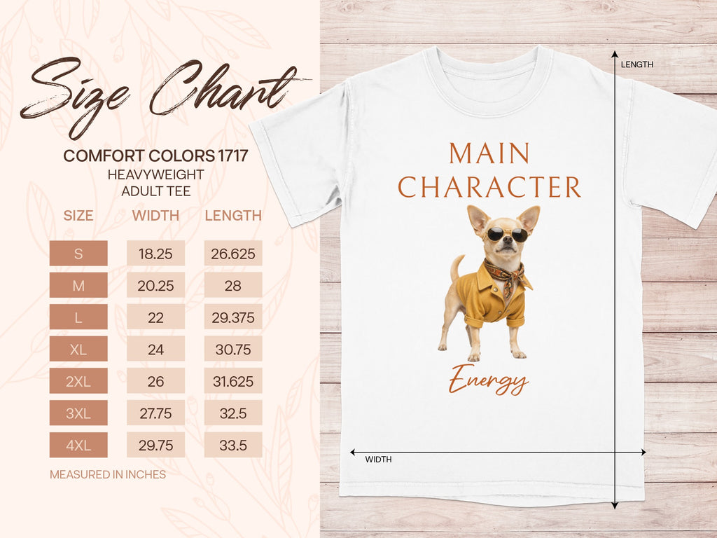 Size chart for Comfort Colors 1717 heavyweight adult tee with dog graphic.