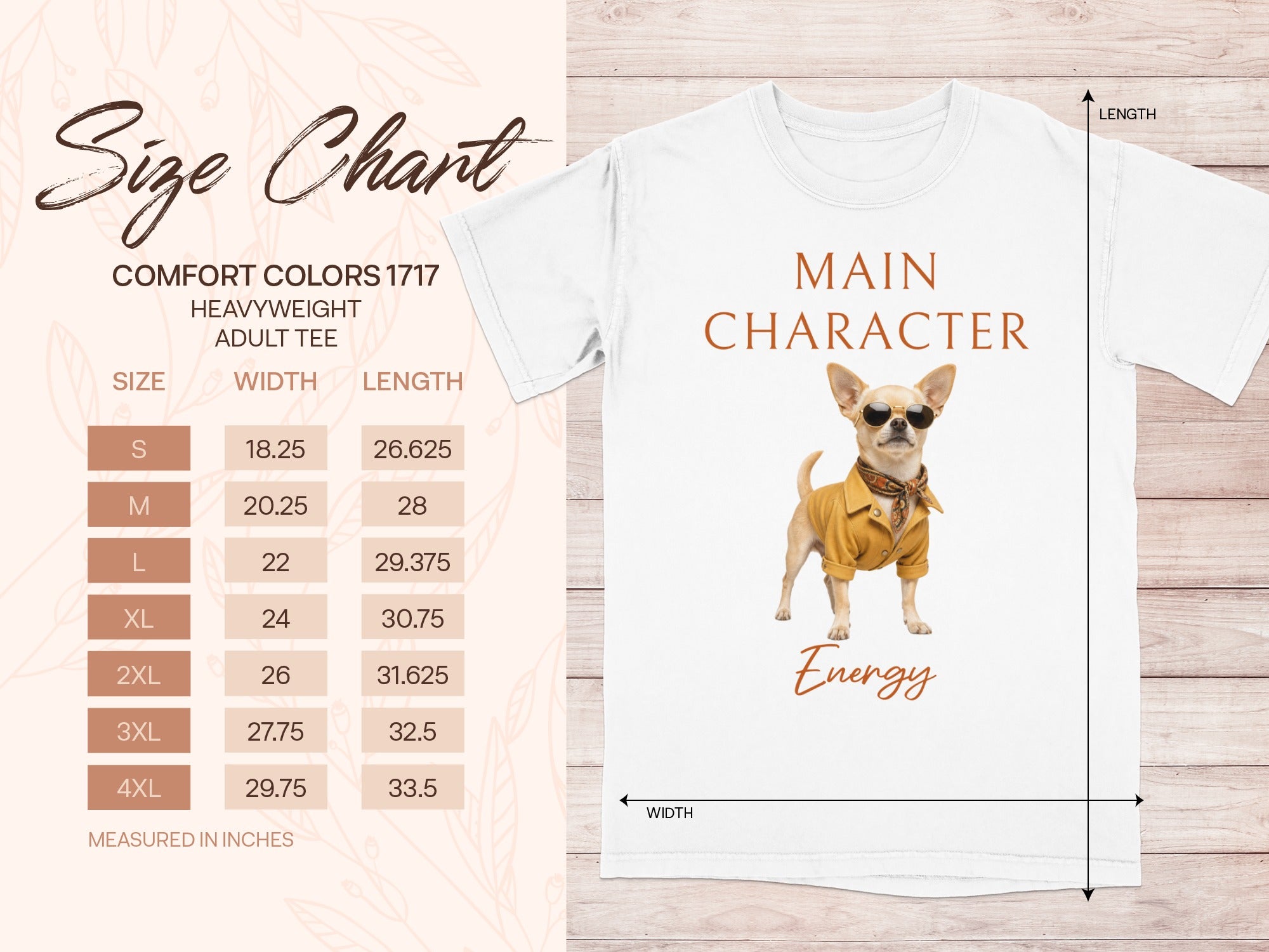 Size chart for Comfort Colors 1717 heavyweight adult tee with dog graphic.