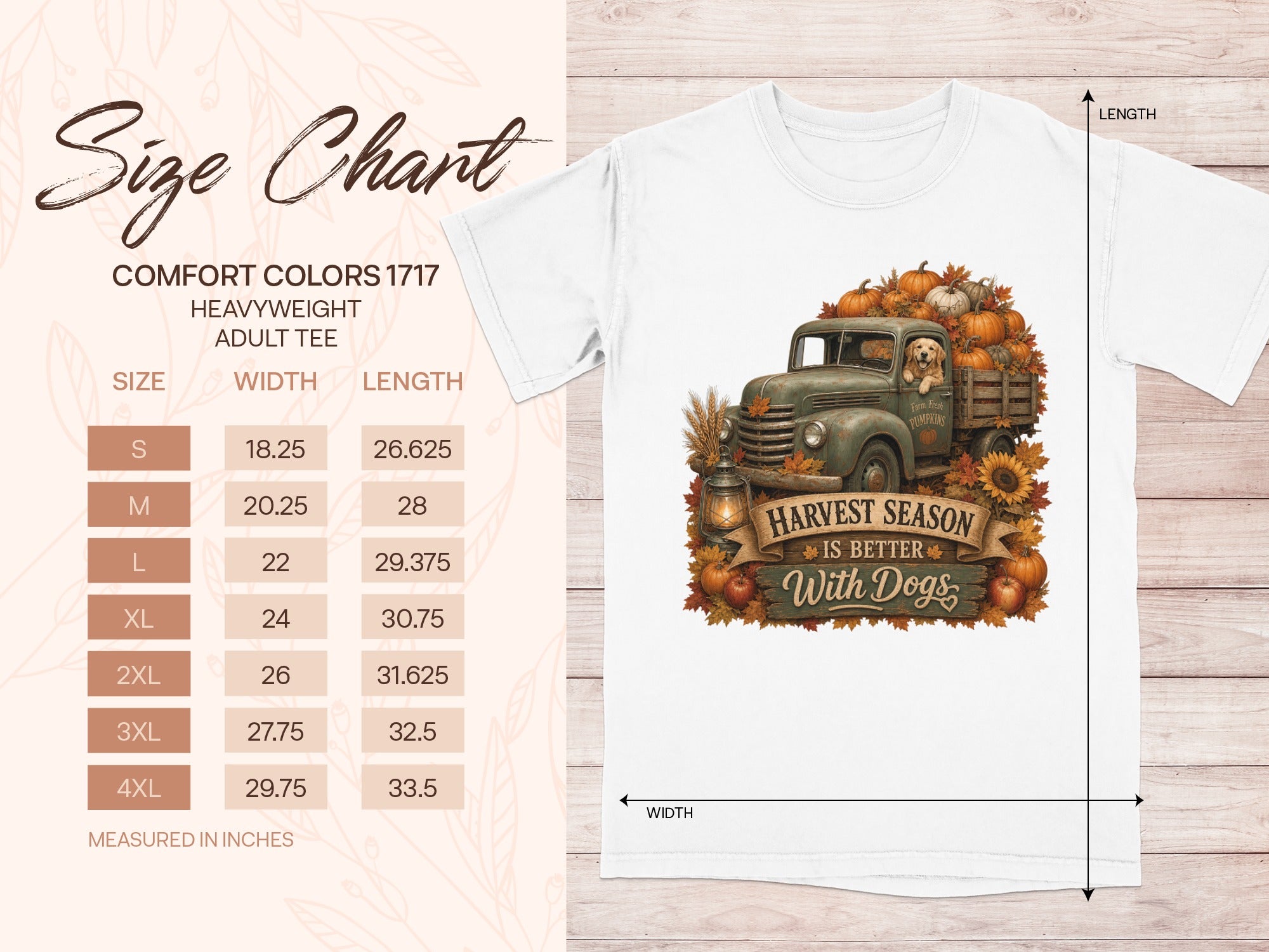 Size chart for a Comfort Colors 1717 adult tee with harvest truck graphic.