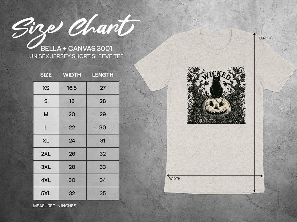 Bella + Canvas 3001 unisex t-shirt size chart with measurements in inches including width and length.