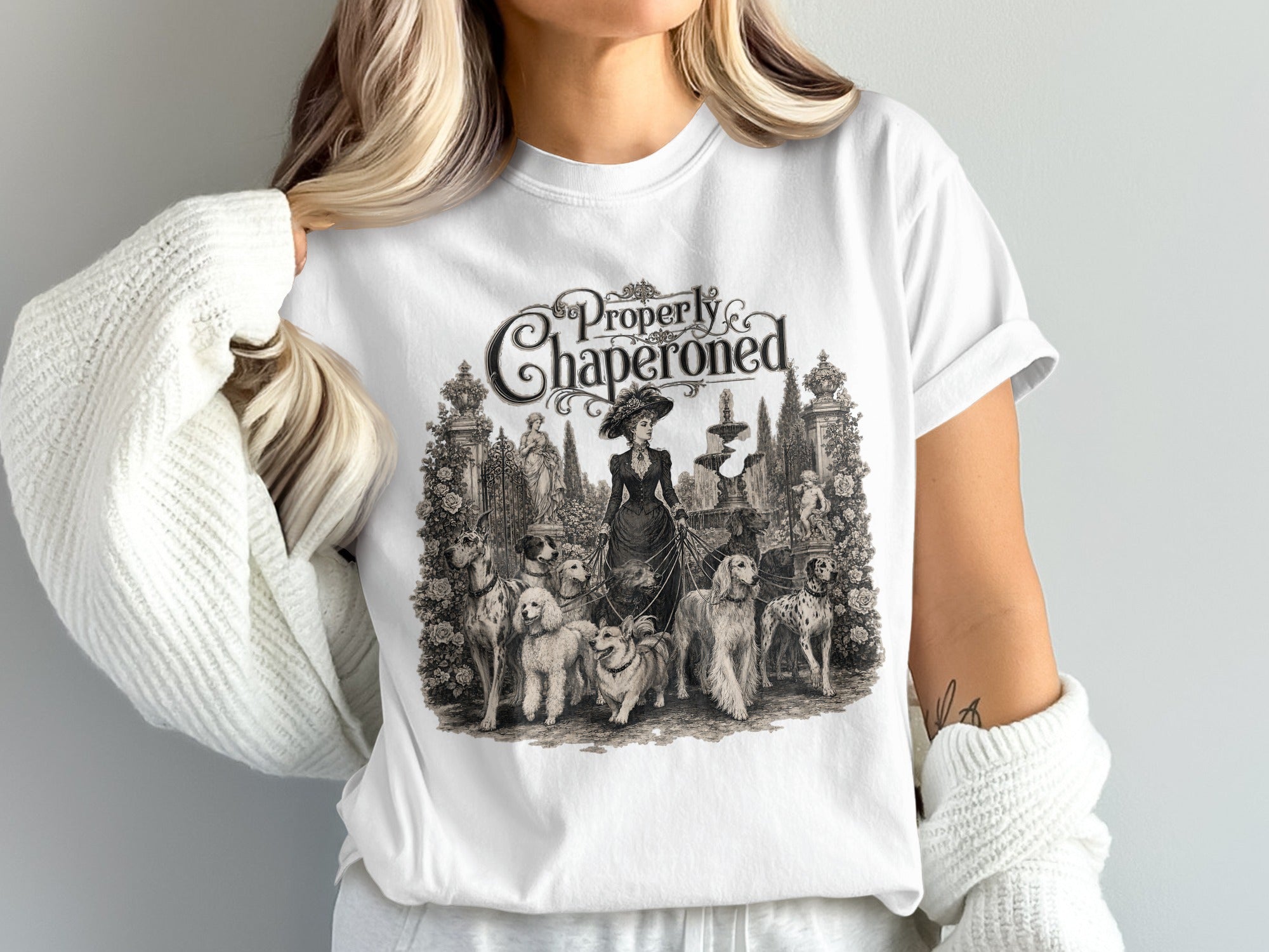 Vintage illustration of a woman with a group of dogs and text that reads "Properly Chaperoned."