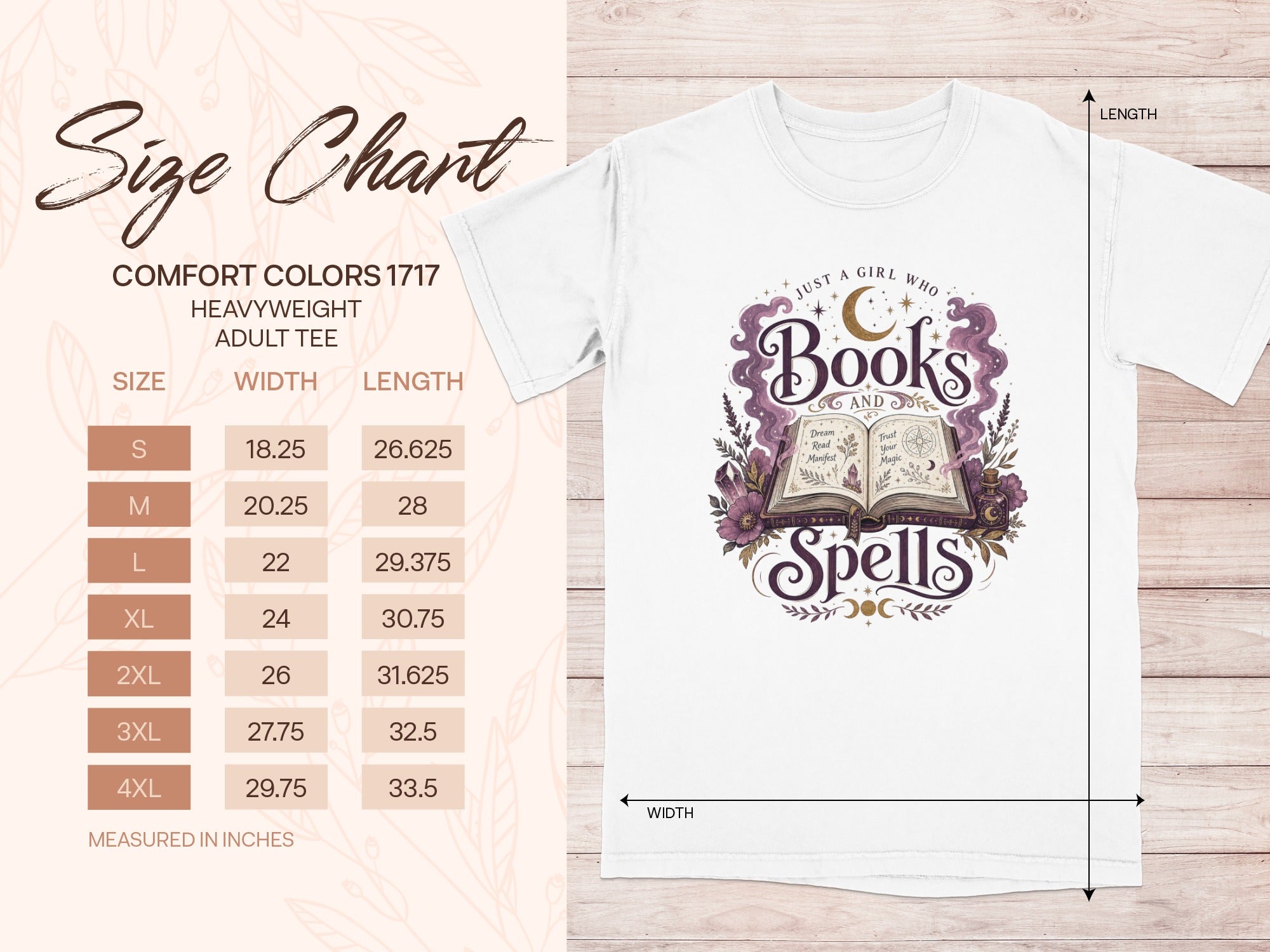 Comfort Colors 1717 heavyweight adult tee size chart and graphic with "Books and Spells".