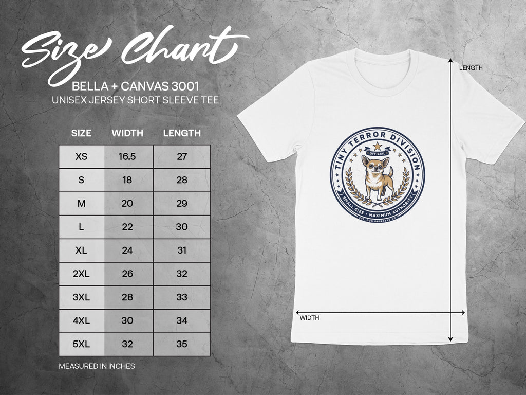 Size chart for Bella + Canvas 3001 unisex jersey short sleeve tee measured in inches.