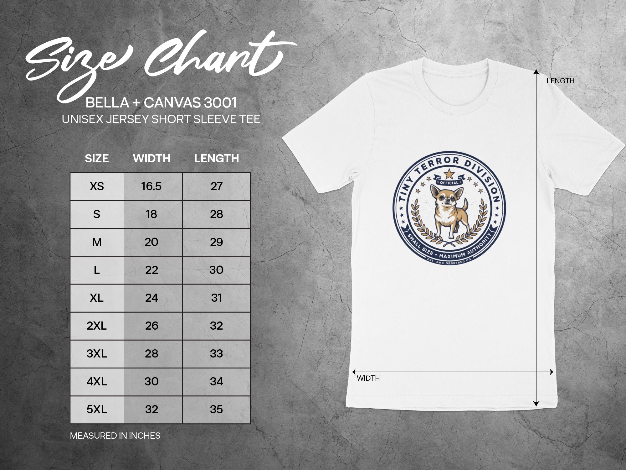 Size chart for Bella + Canvas 3001 unisex jersey short sleeve tee measured in inches.