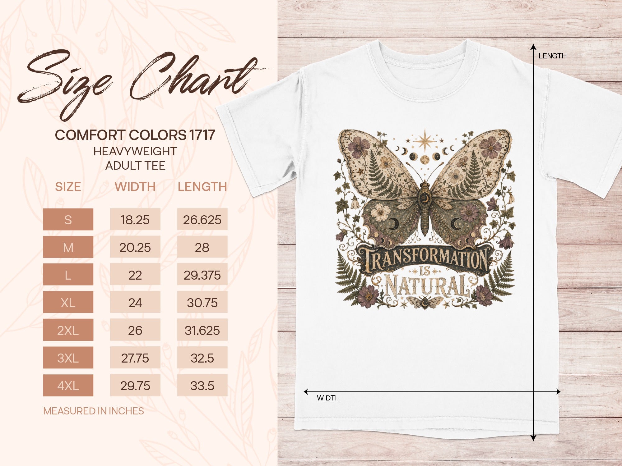 Size chart for Comfort Colors adult tee with butterfly graphic and text "Transformation is Natural".