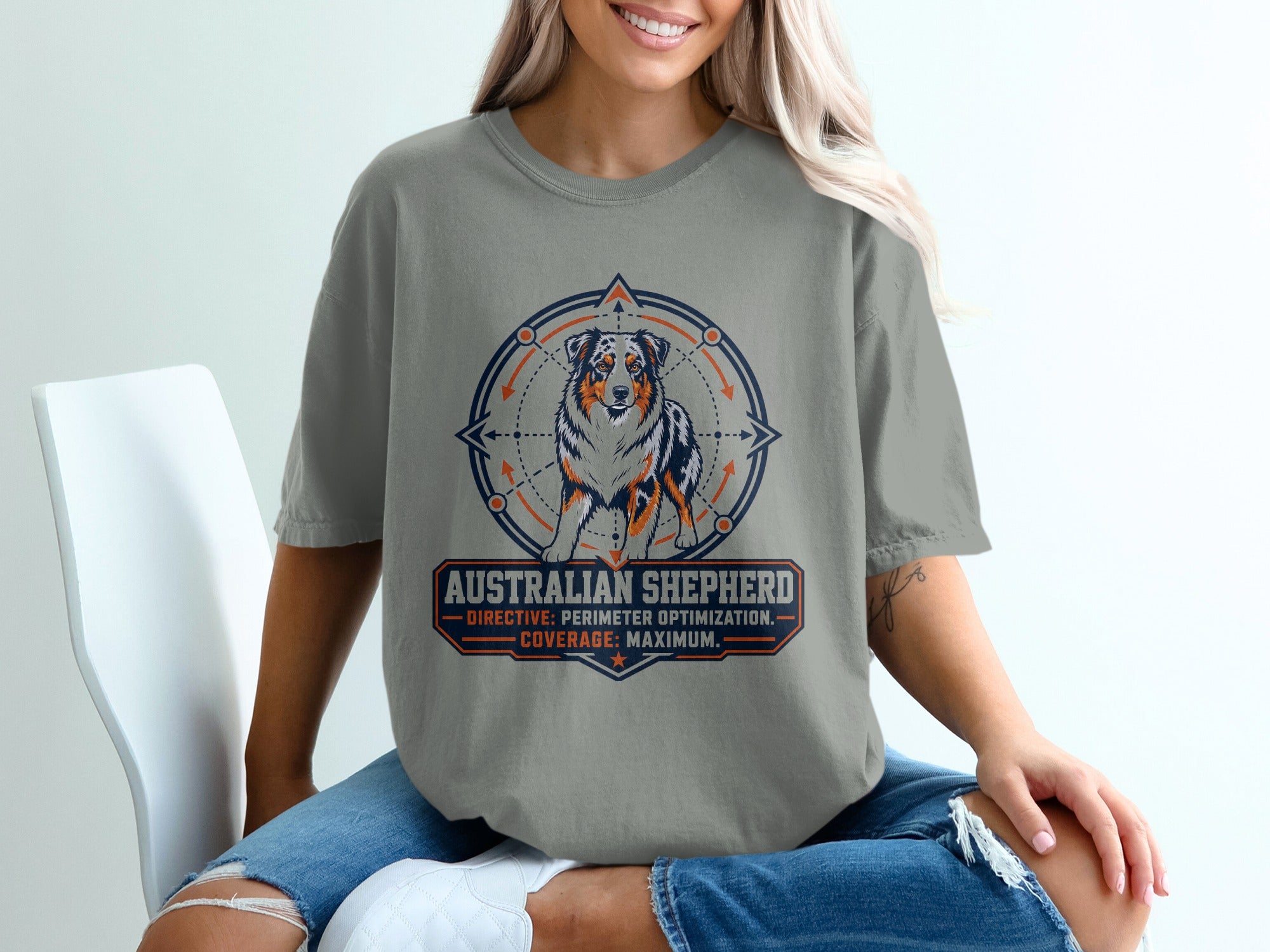Gray t-shirt with Australian Shepherd graphic and text directive perimeter optimization coverage maximum.