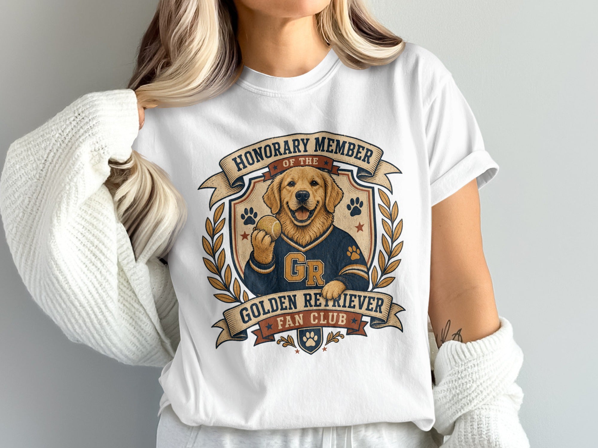 White t-shirt with Golden Retriever "Fan Club" graphic and text.