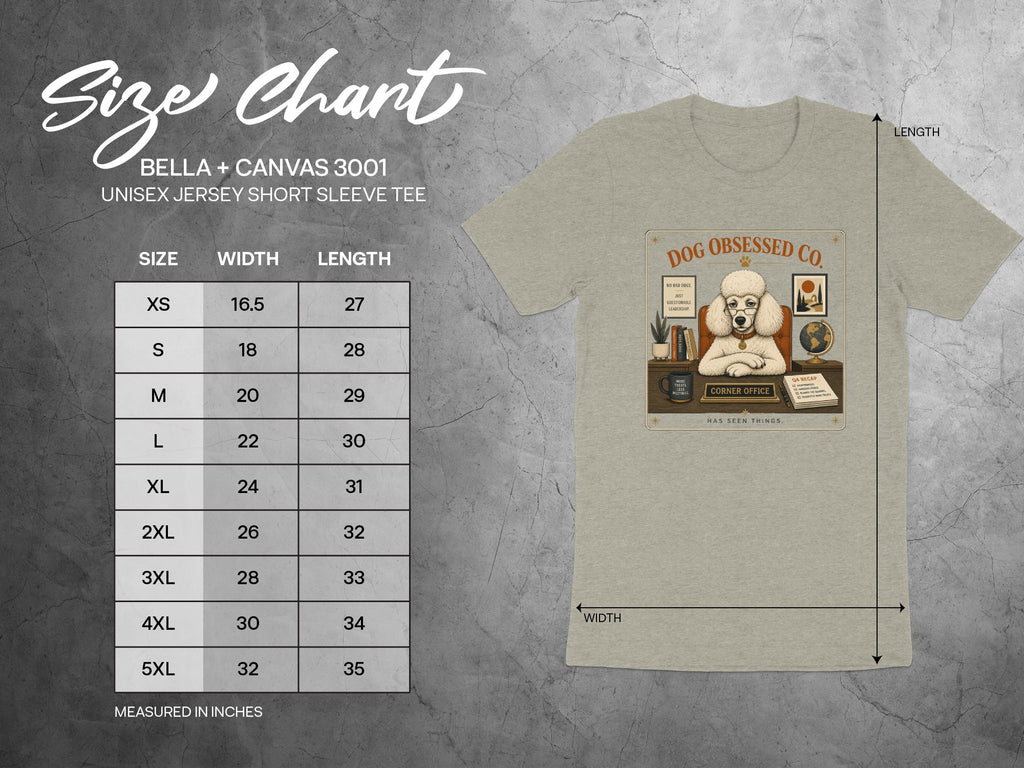 Bella + Canvas 3001 unisex tee size chart with width and length measurements in inches.