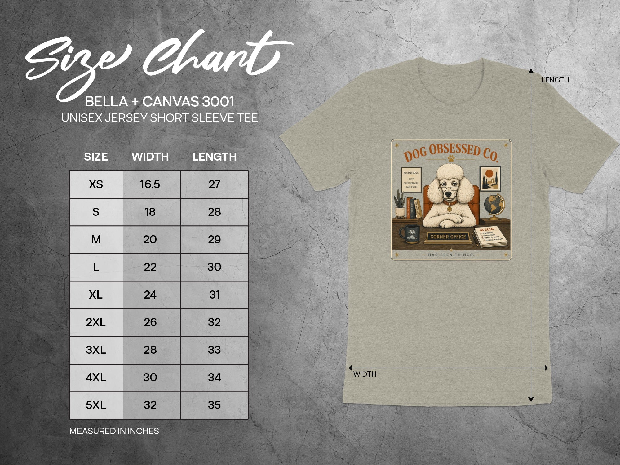 Bella + Canvas 3001 unisex tee size chart with width and length measurements in inches.