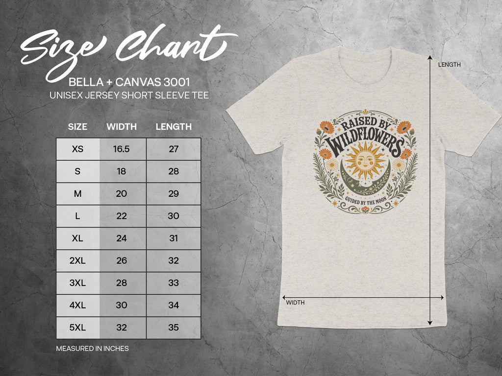 Size chart for Bella + Canvas 3001 unisex short sleeve tee with measurements in inches.