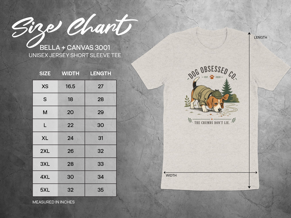 BELLA + CANVAS 3001 unisex short sleeve tee size chart details, with dog graphic.