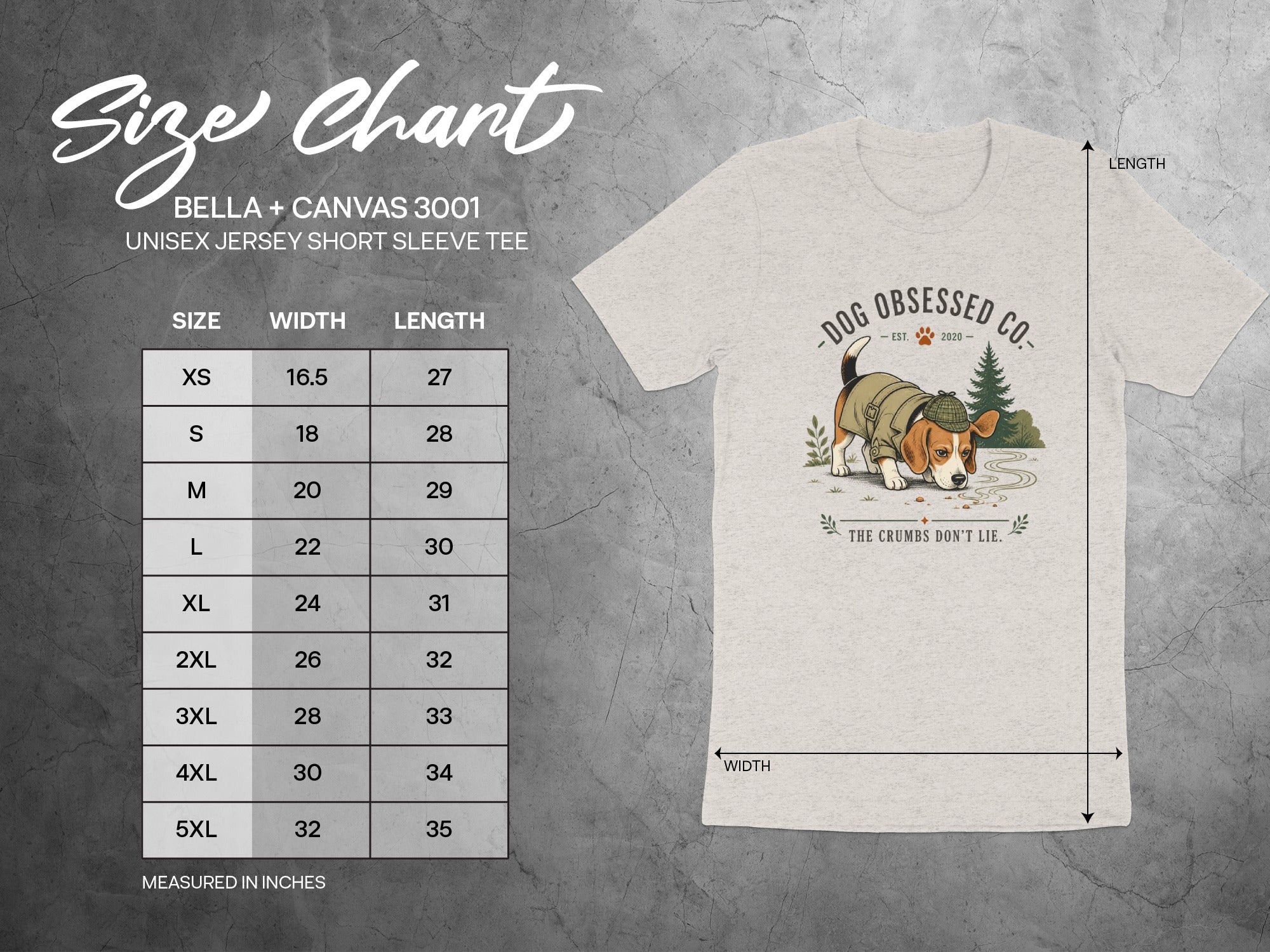 BELLA + CANVAS 3001 unisex short sleeve tee size chart details, with dog graphic.