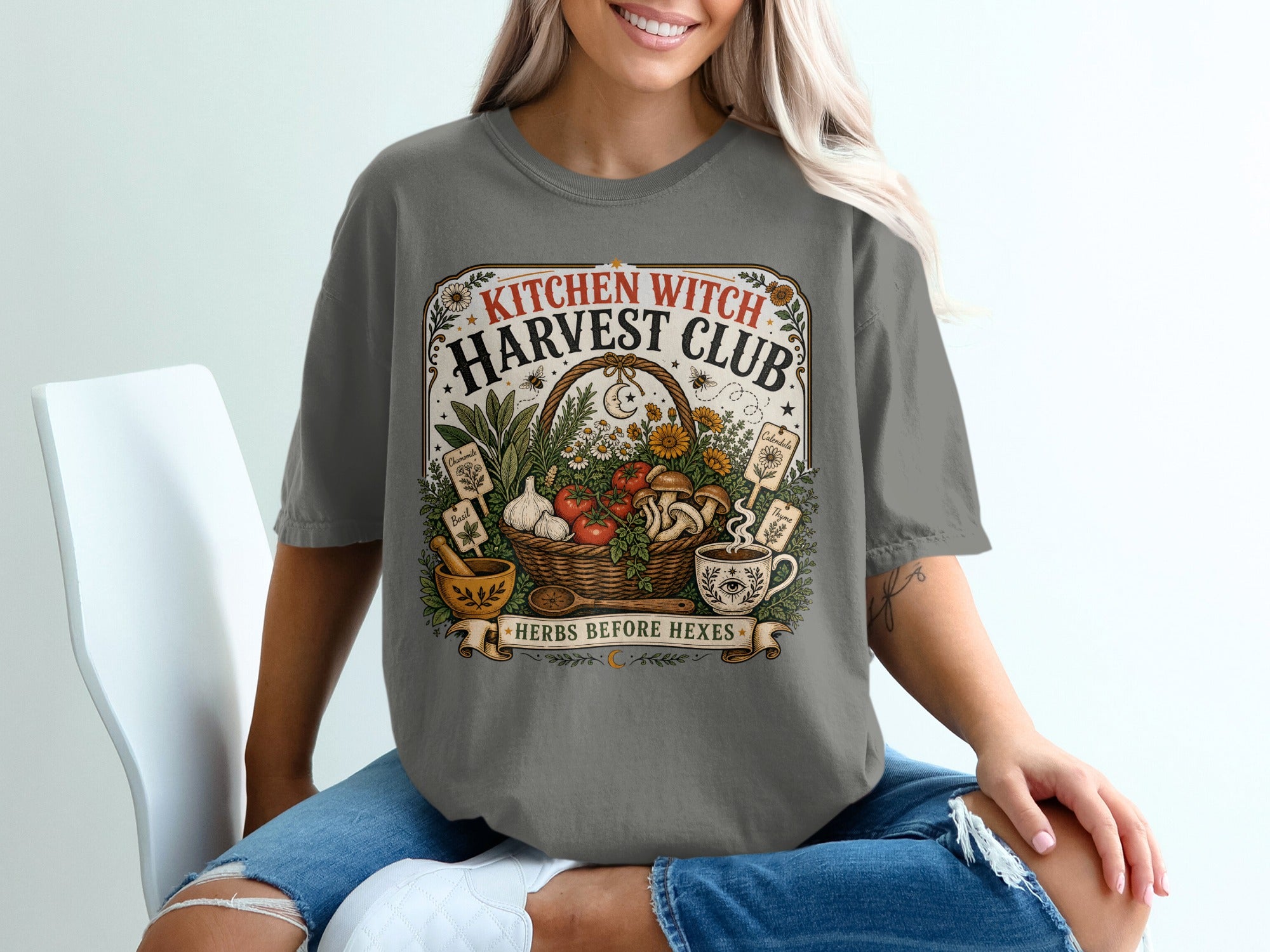 Kitchen Witch Harvest Club graphic with basket of produce and text.