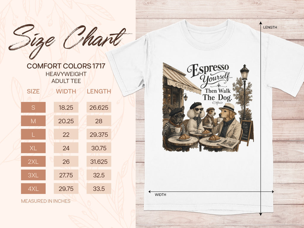 White t-shirt with size chart and illustration of dogs at a Parisian cafe.