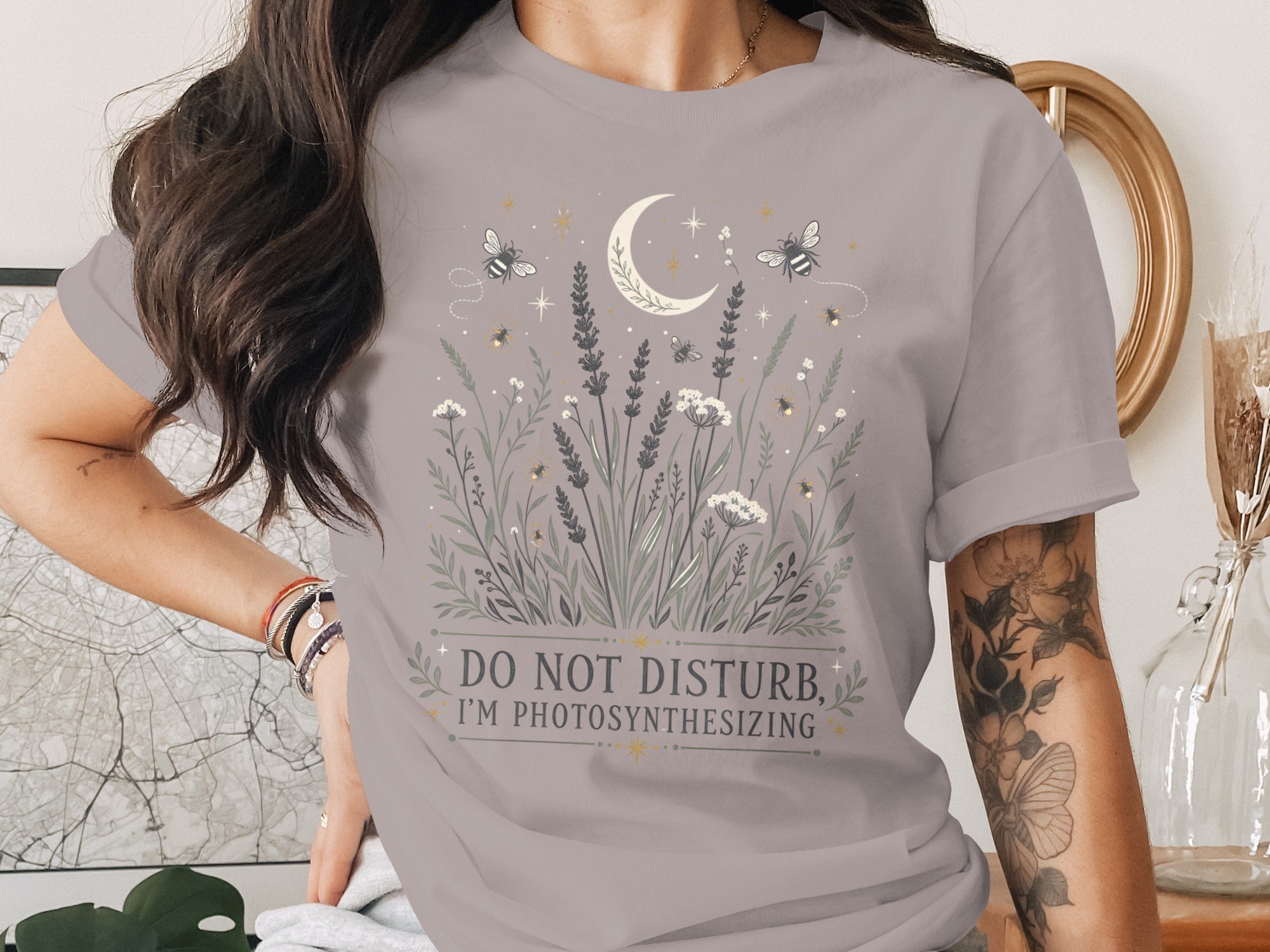 Gray t-shirt with "Do Not Disturb, I'm Photosynthesizing" text and floral bee design.
