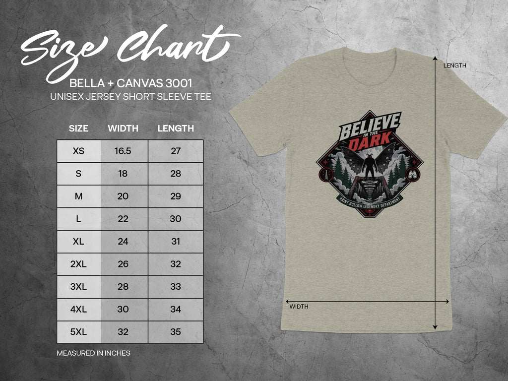 Bella + Canvas 3001 Unisex Jersey Short Sleeve Tee size chart in inches for width and length.